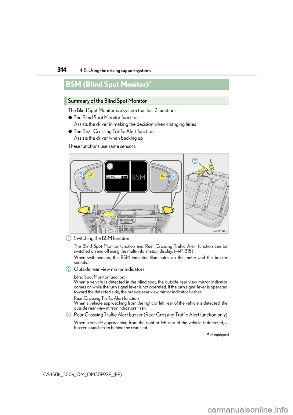 Lexus GS450h 2017 Service Manual 3144-5. Using the driving support systems
GS450h_300h_OM_OM30F92E_(EE)
BSM (Blind Spot Monitor)
The Blind Spot Monitor is a system that has 2 functions;
●The Blind Spot Monitor function
Assist Lexus GS450h 2017 Service Manual 3144-5. Using the driving support systems
GS450h_300h_OM_OM30F92E_(EE)
BSM (Blind Spot Monitor)
The Blind Spot Monitor is a system that has 2 functions;
●The Blind Spot Monitor function
Assist