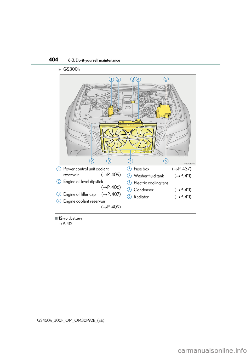 Lexus GS450h 2017 Owners Manual 4046-3. Do-it-yourself maintenance
GS450h_300h_OM_OM30F92E_(EE)
GS300h
■12-volt battery
P. 412
Power control unit coolant
reservoir ( P. 409)
Engine oil level dipstick
( P. 406)
E Lexus GS450h 2017 Owners Manual 4046-3. Do-it-yourself maintenance
GS450h_300h_OM_OM30F92E_(EE)
GS300h
■12-volt battery
P. 412
Power control unit coolant
reservoir ( P. 409)
Engine oil level dipstick
( P. 406)
E