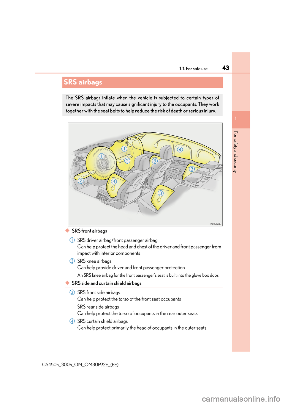 Lexus GS450h 2017 Service Manual 431-1. For safe use
1
GS450h_300h_OM_OM30F92E_(EE)
For safety and security
SRS airbags
◆SRS front airbags
SRS driver airbag/front passenger airbag
Can help protect the head and chest of the drive Lexus GS450h 2017 Service Manual 431-1. For safe use
1
GS450h_300h_OM_OM30F92E_(EE)
For safety and security
SRS airbags
◆SRS front airbags
SRS driver airbag/front passenger airbag
Can help protect the head and chest of the drive