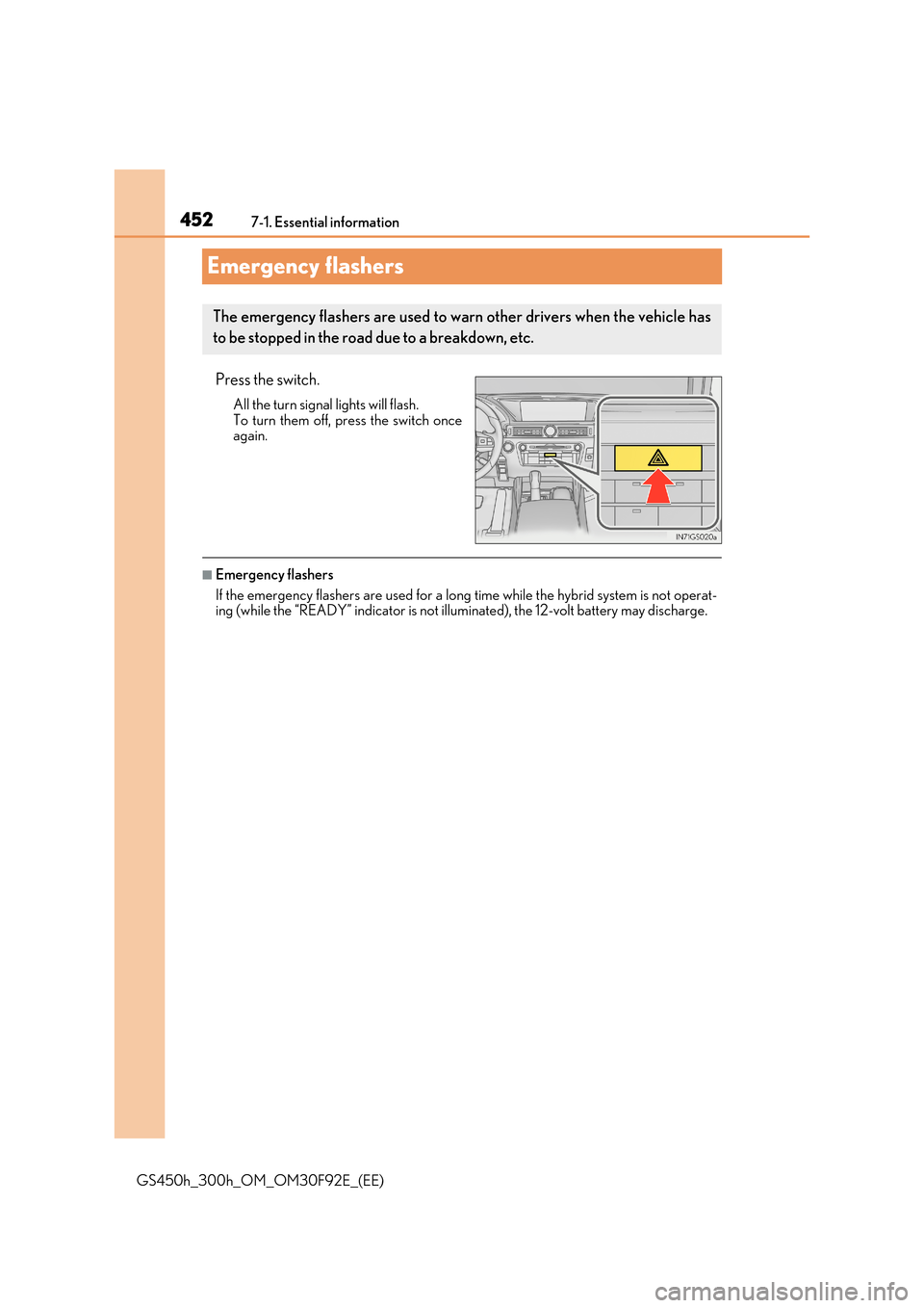 Lexus GS450h 2017  Owners Manual 4527-1. Essential information 
GS450h_300h_OM_OM30F92E_(EE)
Emergency flashers
Press the switch.
All the turn signal lights will flash. 
To turn them off, press the switch once again.
■Emergency fla