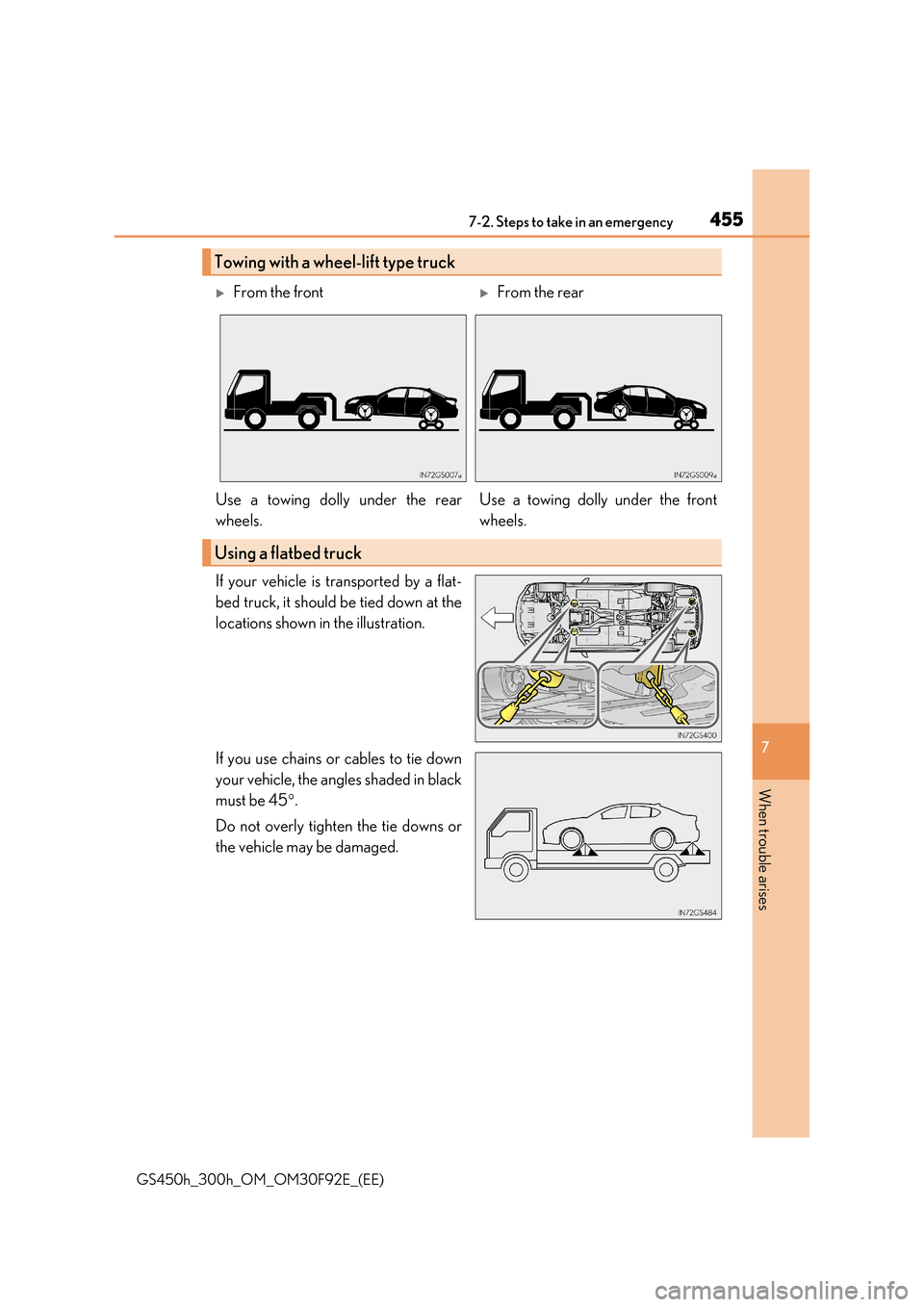 Lexus GS450h 2017  Owners Manual 4557-2. Steps to take in an emergency
7
When trouble arises
GS450h_300h_OM_OM30F92E_(EE)
If your vehicle is transported by a flat- 
bed truck, it should be tied down at the 
locations shown in the ill