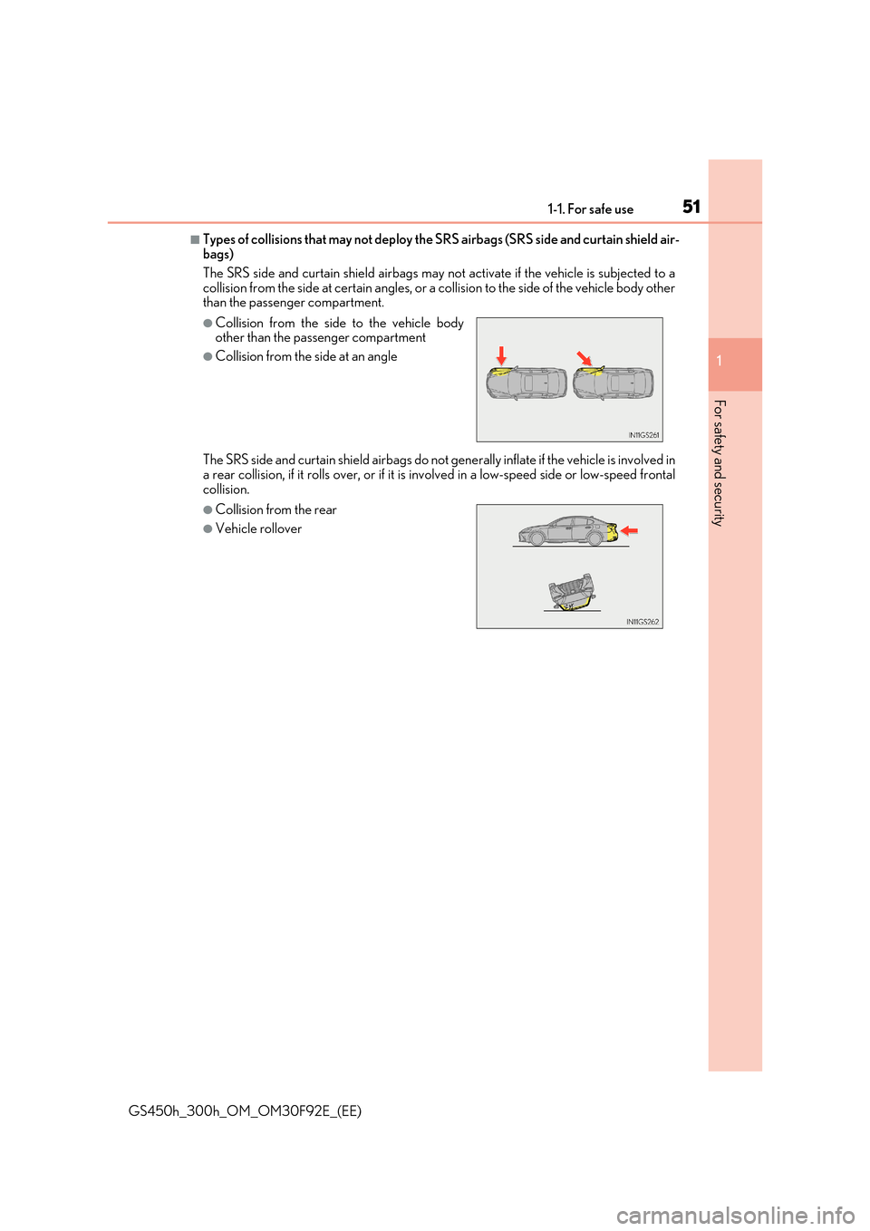 Lexus GS450h 2017 Workshop Manual 511-1. For safe use
1
For safety and security
GS450h_300h_OM_OM30F92E_(EE)
■Types of collisions that may not deploy the SRS airbags (SRS side and curtain shield air- bags) 
The SRS side and curtain 