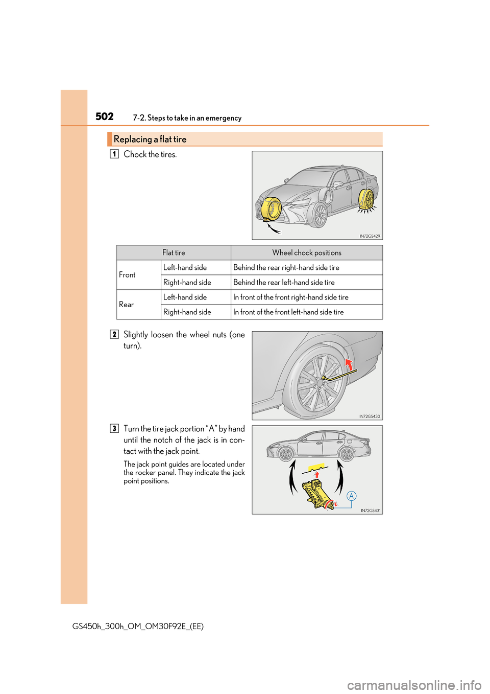 Lexus GS450h 2017  Owners Manual 5027-2. Steps to take in an emergency
GS450h_300h_OM_OM30F92E_(EE)
Chock the tires. 
Slightly loosen the wheel nuts (one 
turn). 
Turn the tire jack portion “A” by hand 
until the notch of the jac