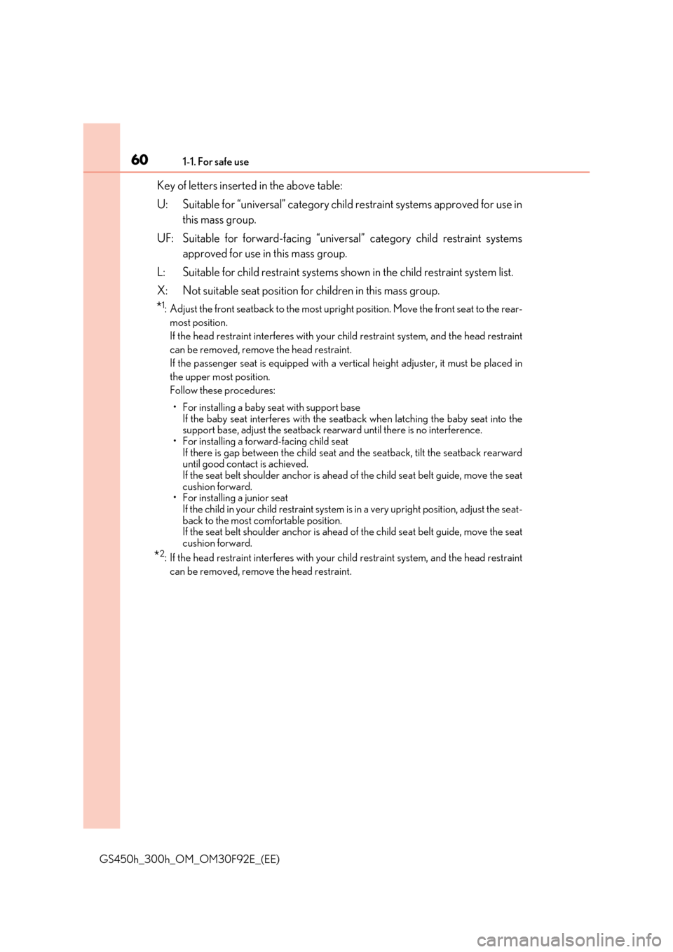 Lexus GS450h 2017 Owners Manual 601-1. For safe use
GS450h_300h_OM_OM30F92E_(EE)
Key of letters inserted in the above table:
U: Suitable for “universal” category child restraint systems approved for use in
this mass group.
UF Lexus GS450h 2017 Owners Manual 601-1. For safe use
GS450h_300h_OM_OM30F92E_(EE)
Key of letters inserted in the above table:
U: Suitable for “universal” category child restraint systems approved for use in
this mass group.
UF