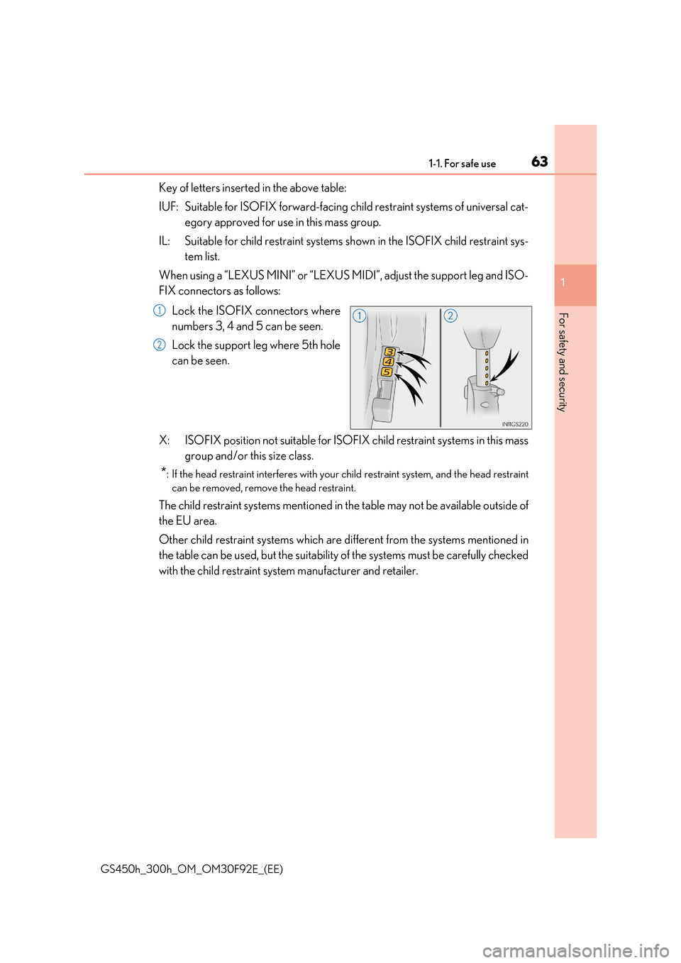 Lexus GS450h 2017 Owners Manual 631-1. For safe use
1
For safety and security
GS450h_300h_OM_OM30F92E_(EE)
Key of letters inserted in the above table:
IUF: Suitable for ISOFIX forward-facing child restraint systems of universal cat Lexus GS450h 2017 Owners Manual 631-1. For safe use
1
For safety and security
GS450h_300h_OM_OM30F92E_(EE)
Key of letters inserted in the above table:
IUF: Suitable for ISOFIX forward-facing child restraint systems of universal cat