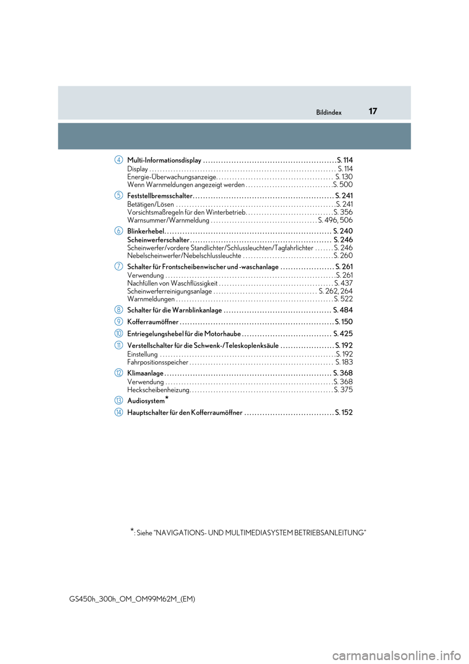 Lexus GS450h 2017  Betriebsanleitung (in German) 17Bildindex
GS450h_300h_OM_OM99M62M_(EM) 
Multi-Informationsdisplay  . . . . . . . . . . . . . . . . . . . . . . . . . . . . . . . . . . . . . . . . . . . . . . . . . . .  .S. 114 
Display . . . . . .