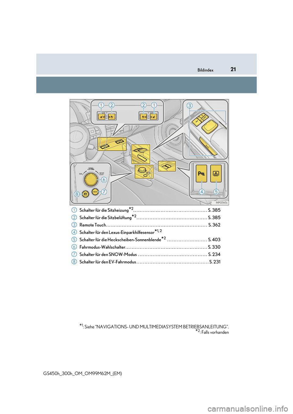 Lexus GS450h 2017  Betriebsanleitung (in German) 21Bildindex
GS450h_300h_OM_OM99M62M_(EM) 
Schalter für die Sitzheizung*2. . . . . . . . . . . . . . . . . . . . . . . . . . . . . . . . . . . . . . . . . . . . . .  S. 385 
Schalter für die Sitzbel�