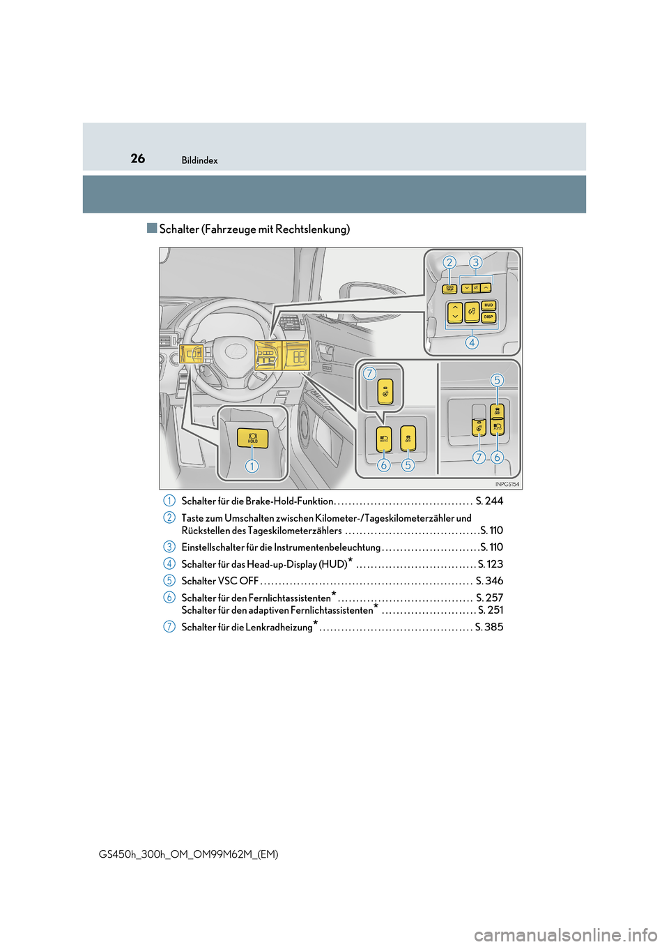 Lexus GS450h 2017  Betriebsanleitung (in German) 26Bildindex
GS450h_300h_OM_OM99M62M_(EM)
■Schalter (Fahrzeuge mit Rechtslenkung)
Schalter für die Brake-Hold-Funktion . . . . . . . . . . . . . . . . . . . . . . . . . . . . . . . . . . . . . .  S.