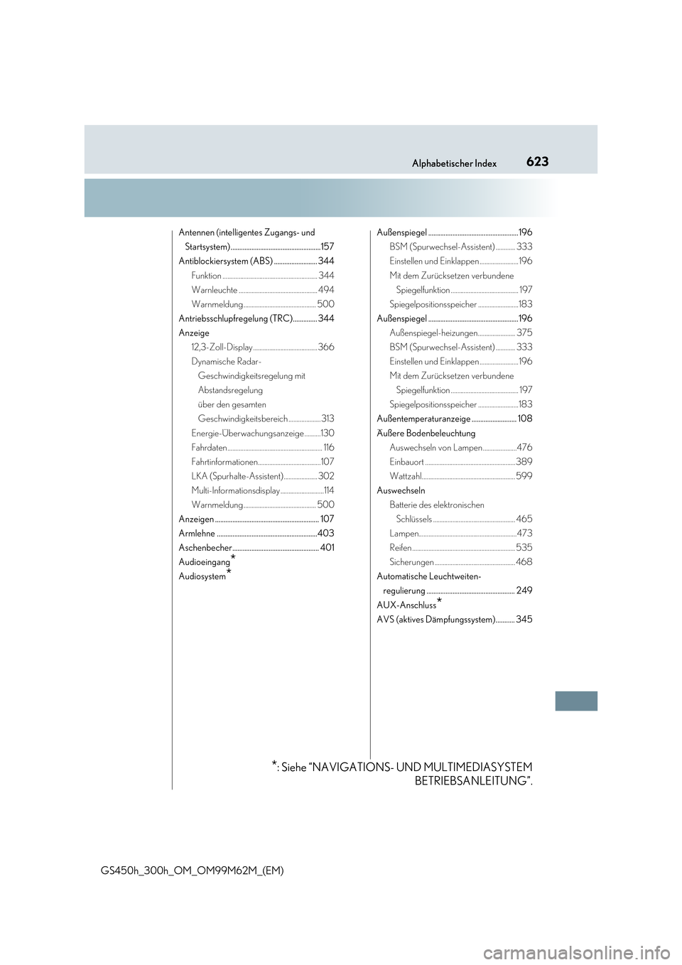 Lexus GS450h 2017  Betriebsanleitung (in German) 623Alphabetischer Index
GS450h_300h_OM_OM99M62M_(EM)
Antennen (intelligentes Zugangs- und  
Startsystem)....................................................157
Antiblockiersystem (ABS) ...............