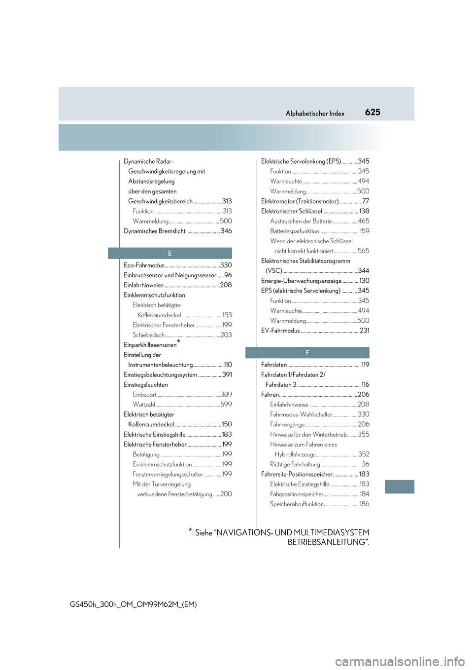 Lexus GS450h 2017  Betriebsanleitung (in German) 625Alphabetischer Index
GS450h_300h_OM_OM99M62M_(EM)
Dynamische Radar- 
Geschwindigkeitsregelung mit 
Abstandsregelung  
über den gesamten  
Geschwindigkeitsbereich ....................... 313
Funkti