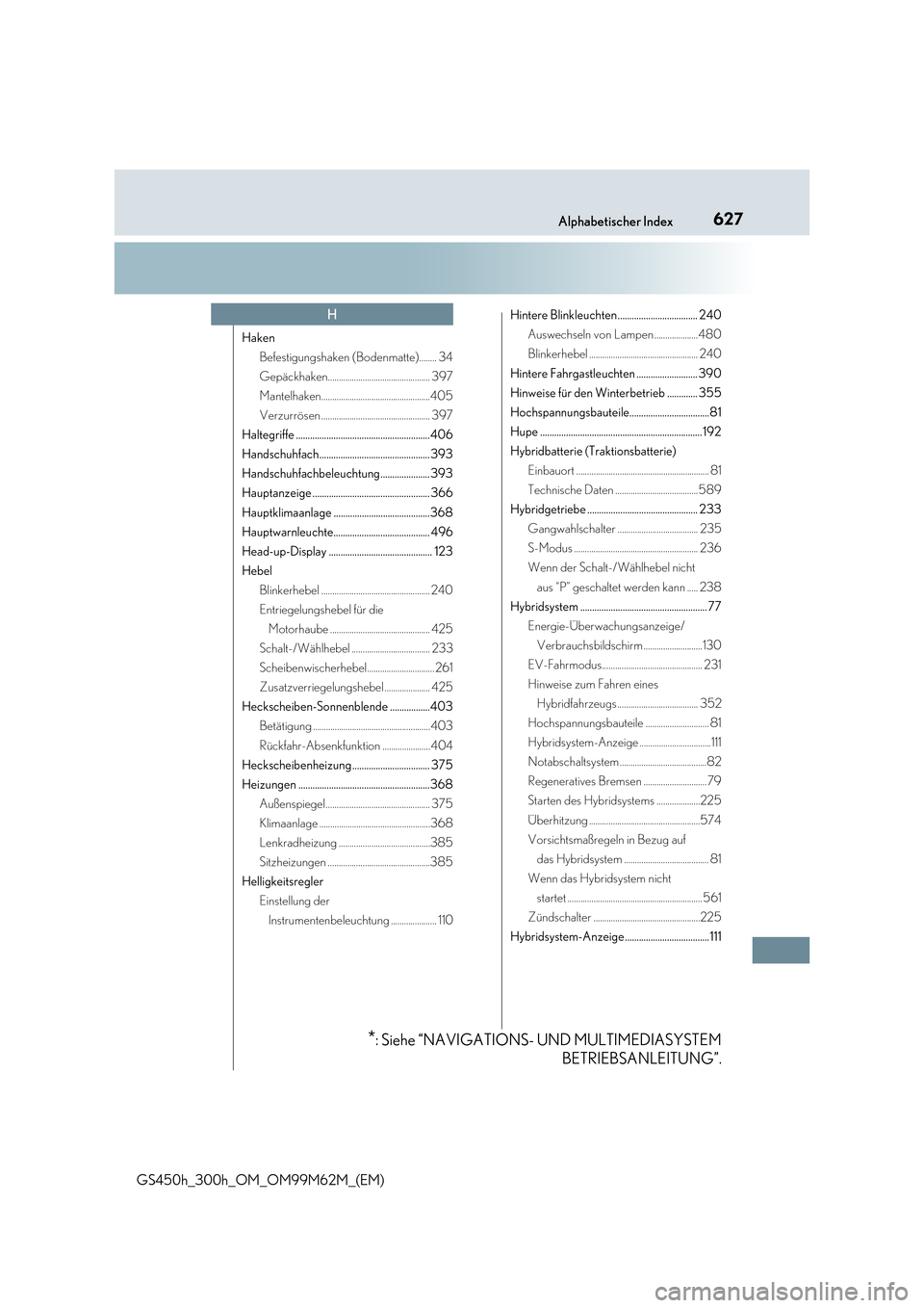 Lexus GS450h 2017  Betriebsanleitung (in German) 627Alphabetischer Index
GS450h_300h_OM_OM99M62M_(EM)
Haken 
Befestigungshaken (Bodenmatte)........ 34
Gepäckhaken............................................... 397
Mantelhaken.......................