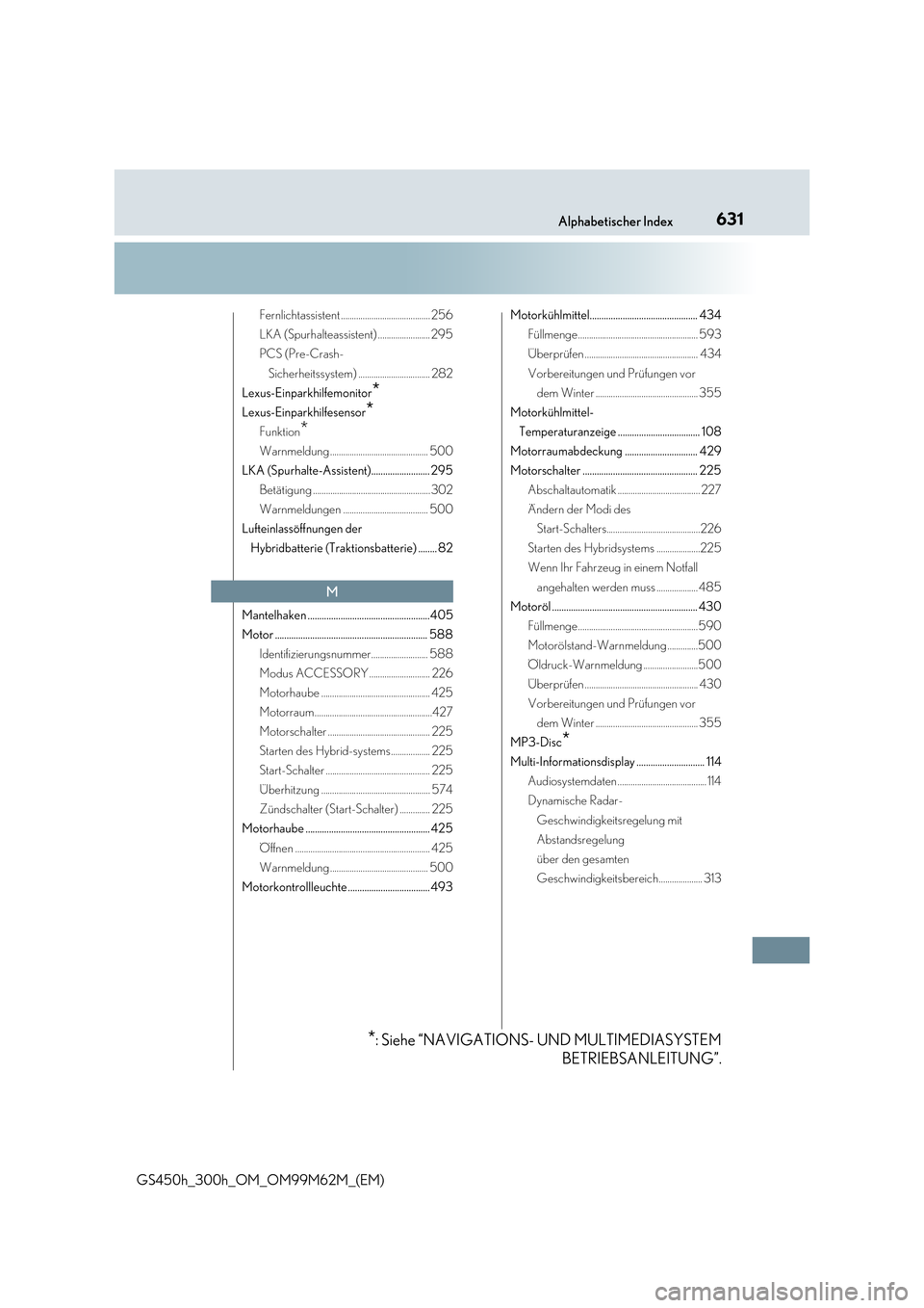 Lexus GS450h 2017  Betriebsanleitung (in German) 631Alphabetischer Index
GS450h_300h_OM_OM99M62M_(EM)
Fernlichtassistent ......................................... 256 
LKA (Spurhalteassistent) ........................ 295
PCS (Pre-Crash- 
Sicherheit