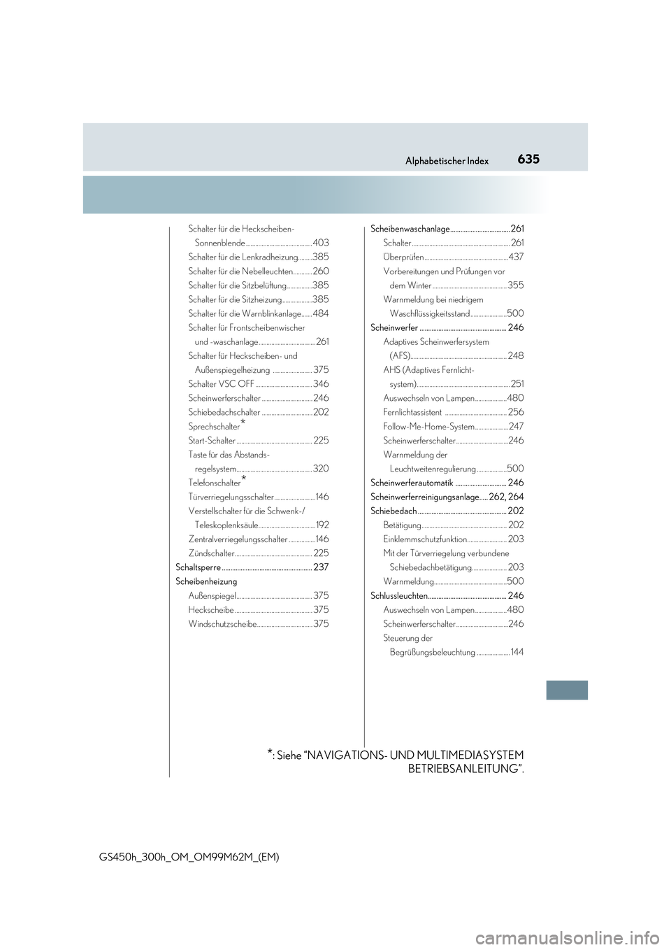 Lexus GS450h 2017  Betriebsanleitung (in German) 635Alphabetischer Index
GS450h_300h_OM_OM99M62M_(EM)
Schalter für die Heckscheiben- 
Sonnenblende ..........................................403
Schalter für die Lenkradheizung.........385 
Schalter 