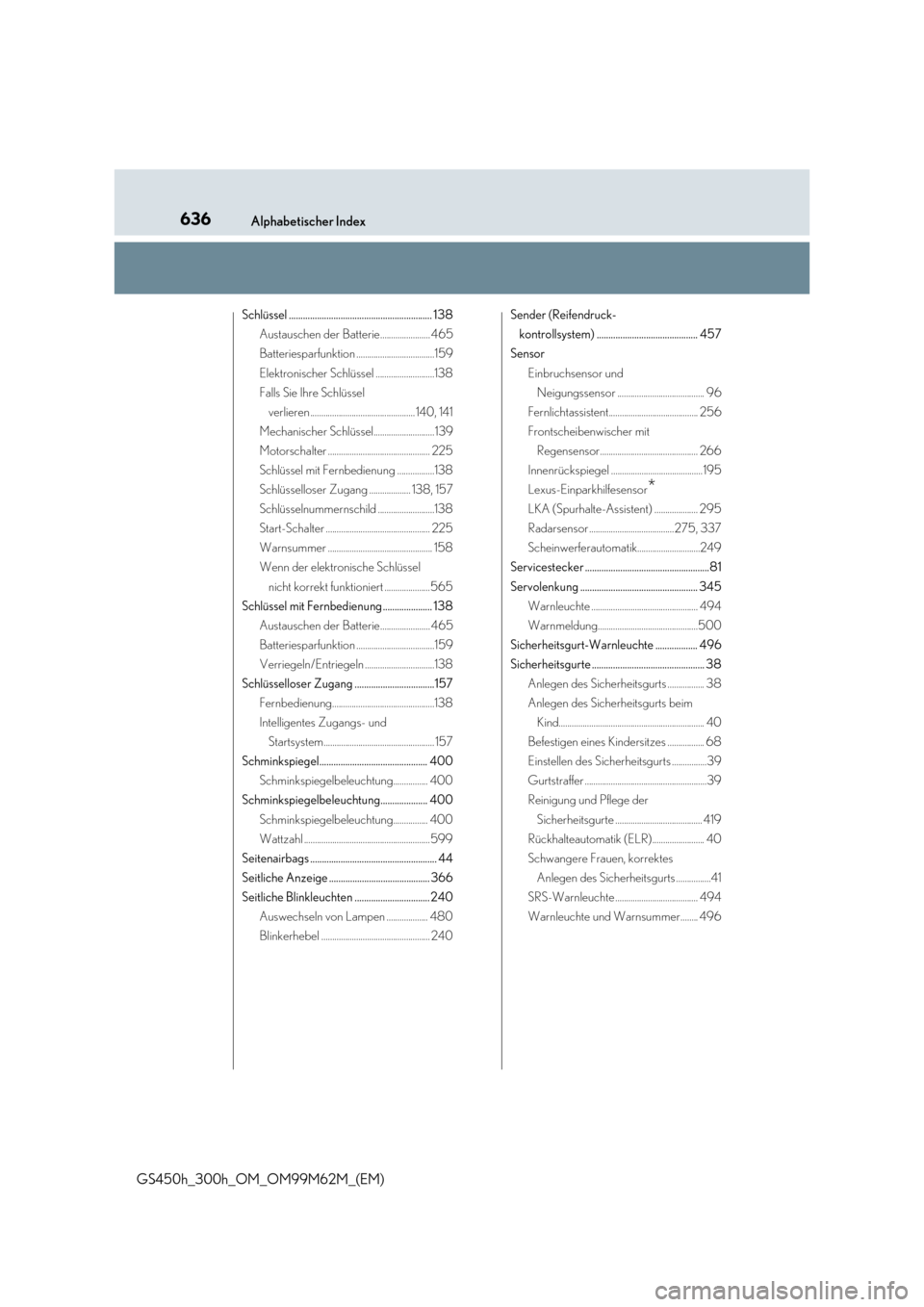 Lexus GS450h 2017  Betriebsanleitung (in German) 636Alphabetischer Index
GS450h_300h_OM_OM99M62M_(EM)
Schlüssel ............................................................. 138 
Austauschen der Batterie....................... 465
Batteriesparfunkt