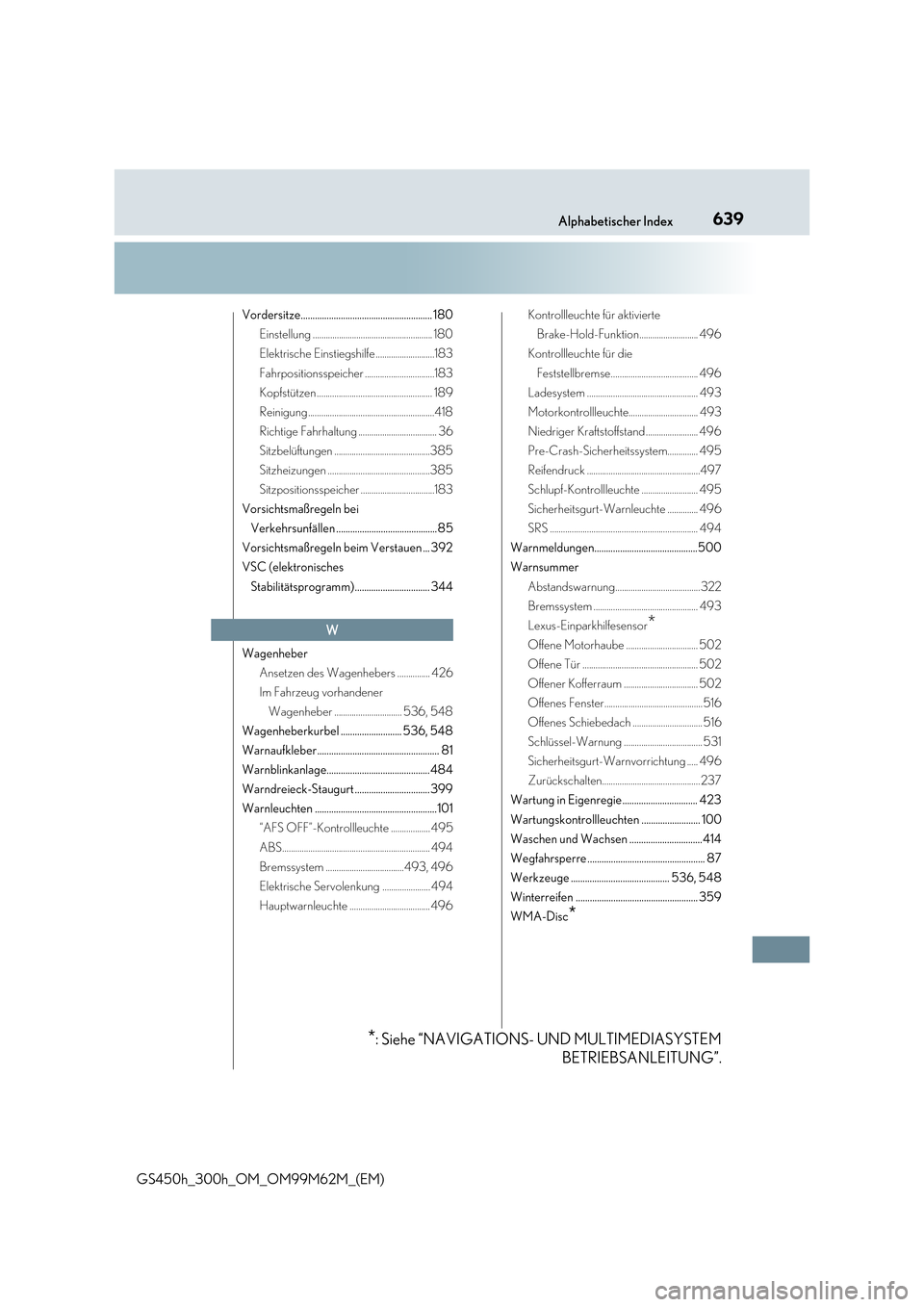 Lexus GS450h 2017  Betriebsanleitung (in German) 639Alphabetischer Index
GS450h_300h_OM_OM99M62M_(EM)
Vordersitze........................................................ 180 
Einstellung ....................................................... 180
El