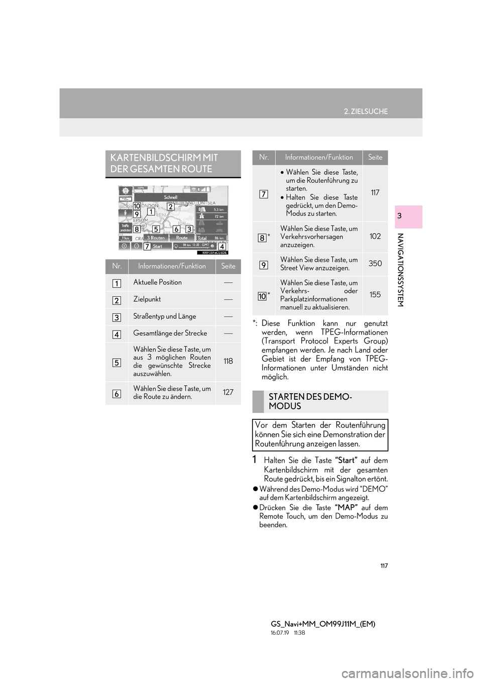 Lexus GS450h 2017  Navigationshandbuch (in German) 117
2. ZIELSUCHE
GS_Navi+MM_OM99J11M_(EM)
16.07.19     11:38
NAVIGATIONSSYSTEM
3
*: Diese Funktion kann nur genutztwerden, wenn TPEG-Informationen
(Transport Protocol Experts Group)
empfangen werden. 