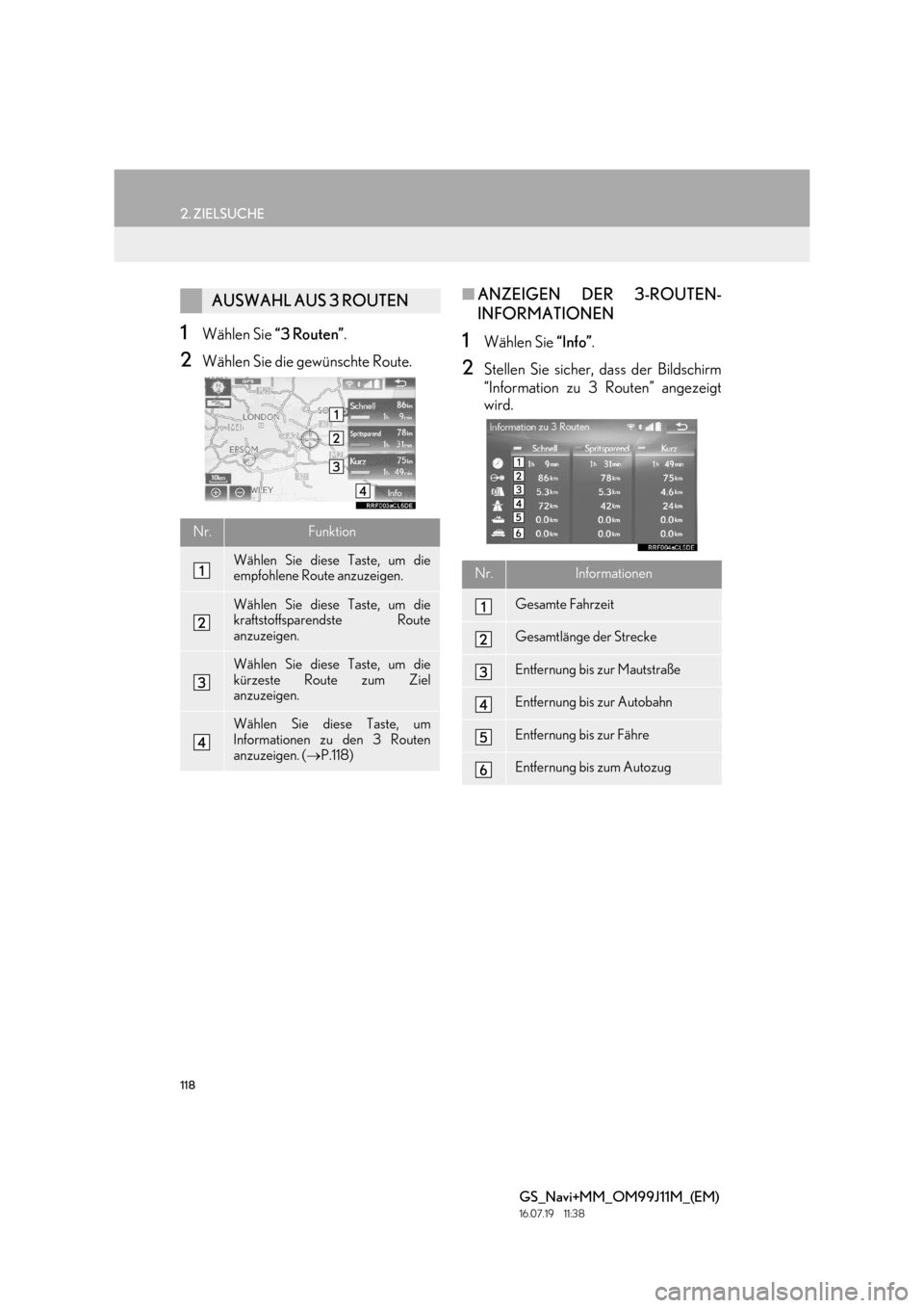 Lexus GS450h 2017  Navigationshandbuch (in German) 118
2. ZIELSUCHE
GS_Navi+MM_OM99J11M_(EM)
16.07.19     11:38
1Wählen Sie “3 Routen”.
2Wählen Sie die gewünschte Route.
■ANZEIGEN DER 3-ROUTEN-
INFORMATIONEN
1Wählen Sie  “Info”.
2Stellen