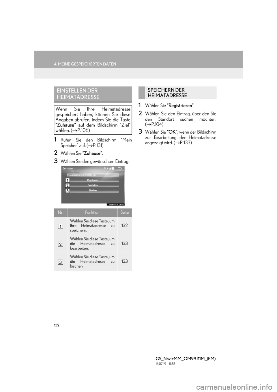 Lexus GS450h 2017 Navigationshandbuch (in German) 132
4. MEINE GESPEICHERTEN DATEN
GS_Navi+MM_OM99J11M_(EM)
16.07.19 11:38
1Rufen Sie den Bildschirm “Mein
Speicher” auf. (→P.131)
2Wählen Sie “Zuhause”.
3Wählen Sie den gewünschten Ei Lexus GS450h 2017 Navigationshandbuch (in German) 132
4. MEINE GESPEICHERTEN DATEN
GS_Navi+MM_OM99J11M_(EM)
16.07.19 11:38
1Rufen Sie den Bildschirm “Mein
Speicher” auf. (→P.131)
2Wählen Sie “Zuhause”.
3Wählen Sie den gewünschten Ei