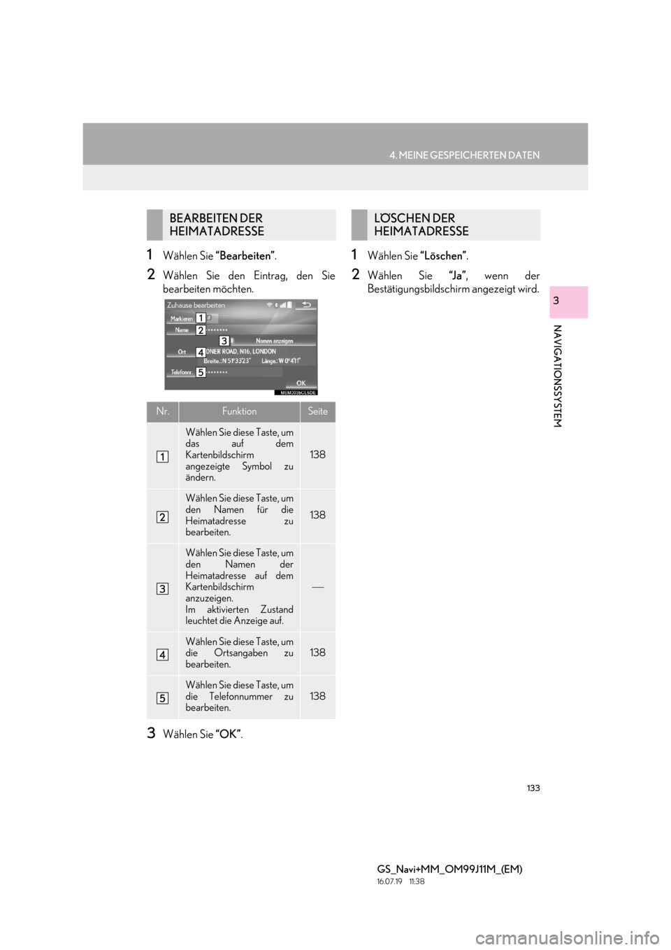 Lexus GS450h 2017 Navigationshandbuch (in German) 133
4. MEINE GESPEICHERTEN DATEN
GS_Navi+MM_OM99J11M_(EM)
16.07.19 11:38
NAVIGATIONSSYSTEM
3
1Wählen Sie “Bearbeiten” .
2Wählen Sie den Eintrag, den Sie
bearbeiten möchten.
3Wählen Sie “ Lexus GS450h 2017 Navigationshandbuch (in German) 133
4. MEINE GESPEICHERTEN DATEN
GS_Navi+MM_OM99J11M_(EM)
16.07.19 11:38
NAVIGATIONSSYSTEM
3
1Wählen Sie “Bearbeiten” .
2Wählen Sie den Eintrag, den Sie
bearbeiten möchten.
3Wählen Sie “