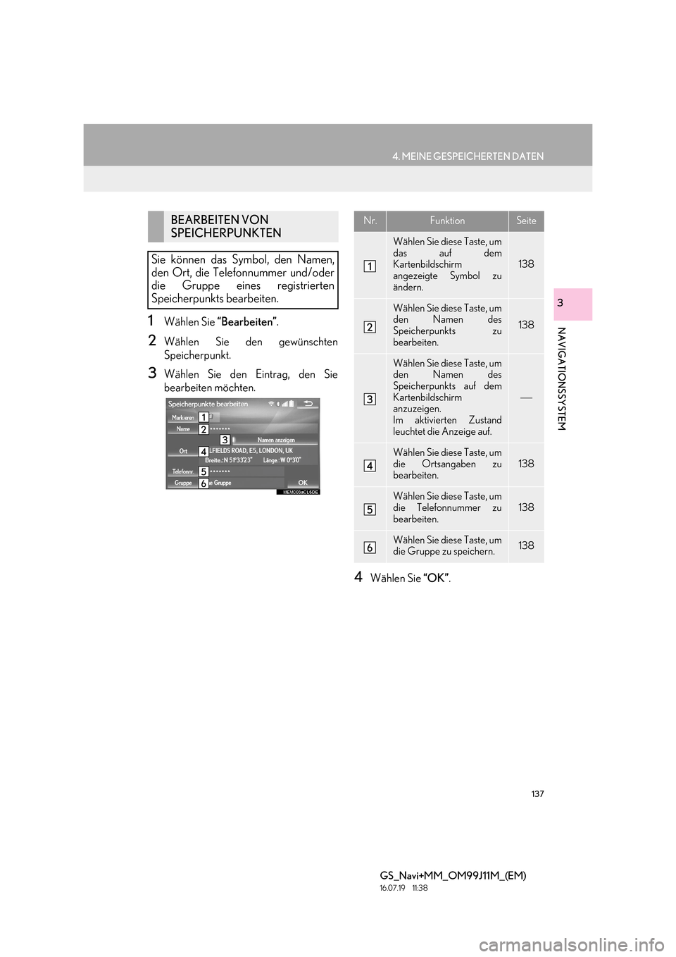 Lexus GS450h 2017 Navigationshandbuch (in German) 137
4. MEINE GESPEICHERTEN DATEN
GS_Navi+MM_OM99J11M_(EM)
16.07.19 11:38
NAVIGATIONSSYSTEM
3
1Wählen Sie “Bearbeiten” .
2Wählen Sie den gewünschten
Speicherpunkt.
3Wählen Sie den Eintrag, Lexus GS450h 2017 Navigationshandbuch (in German) 137
4. MEINE GESPEICHERTEN DATEN
GS_Navi+MM_OM99J11M_(EM)
16.07.19 11:38
NAVIGATIONSSYSTEM
3
1Wählen Sie “Bearbeiten” .
2Wählen Sie den gewünschten
Speicherpunkt.
3Wählen Sie den Eintrag,