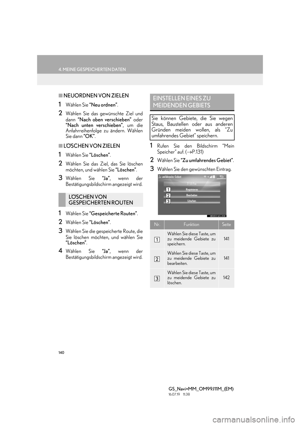Lexus GS450h 2017  Navigationshandbuch (in German) 140
4. MEINE GESPEICHERTEN DATEN
GS_Navi+MM_OM99J11M_(EM)
16.07.19     11:38
■NEUORDNEN VON ZIELEN
1Wählen Sie  “Neu ordnen” .
2Wählen Sie das gewünschte Ziel und
dann “Nach oben verschiebe