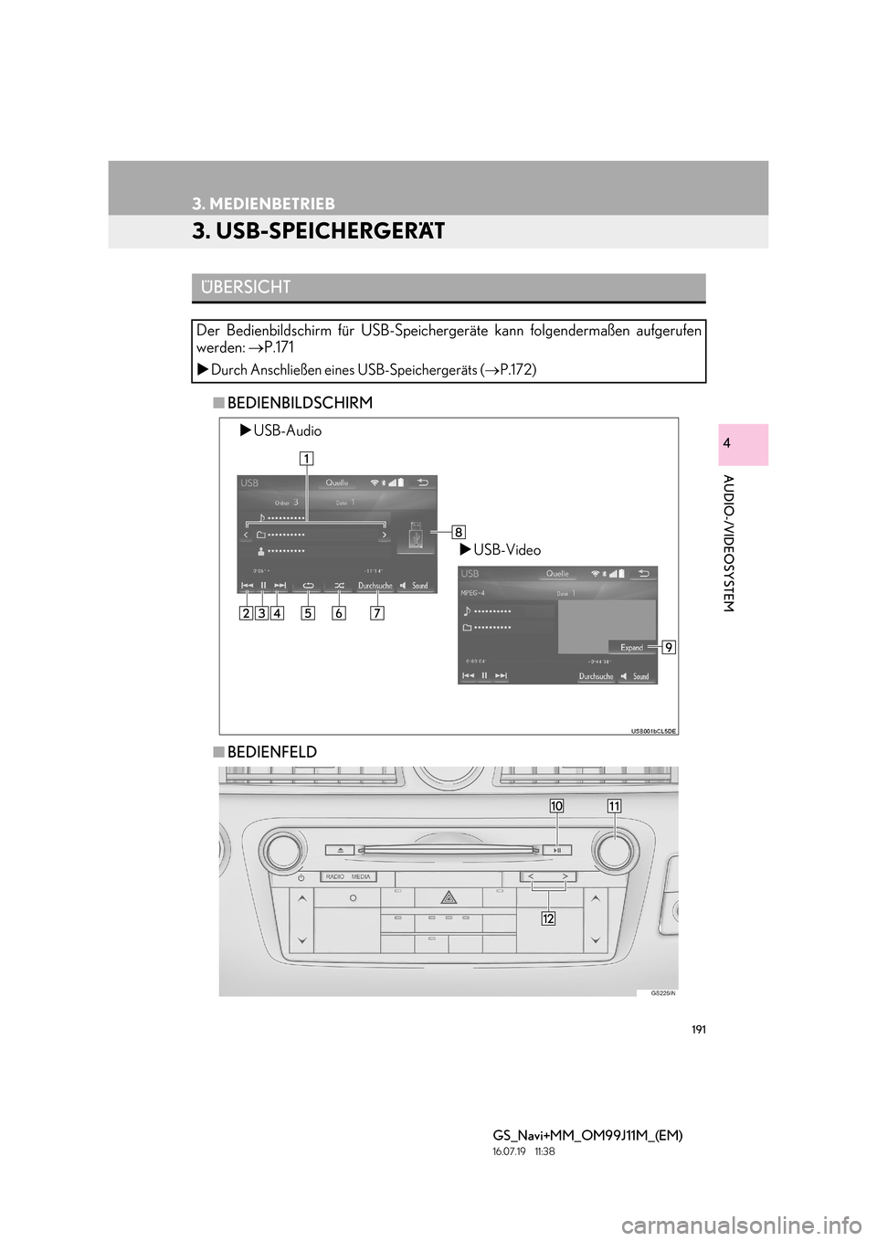 Lexus GS450h 2017  Navigationshandbuch (in German) 191
3. MEDIENBETRIEB
GS_Navi+MM_OM99J11M_(EM)
16.07.19     11:38
AUDIO-/VIDEOSYSTEM
4
3. USB-SPEICHERGERÄT
■BEDIENBILDSCHIRM
■ BEDIENFELD
ÜBERSICHT
Der Bedienbildschirm für USB-Speichergeräte 
