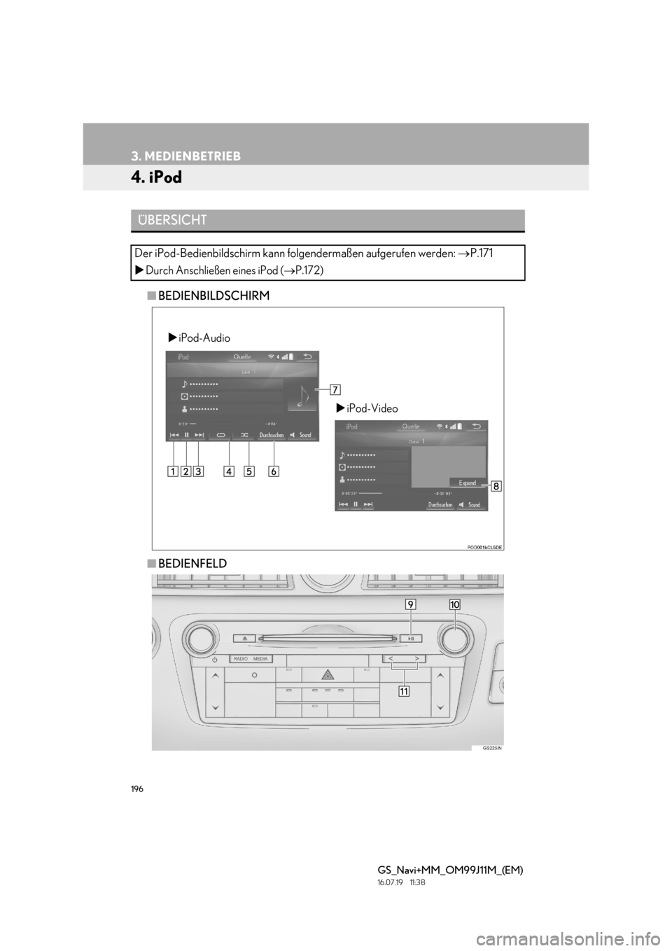 Lexus GS450h 2017  Navigationshandbuch (in German) 196
3. MEDIENBETRIEB
GS_Navi+MM_OM99J11M_(EM)
16.07.19     11:38
4. iPod
■BEDIENBILDSCHIRM
■ BEDIENFELD
ÜBERSICHT
Der iPod-Bedienbildschirm kann folgendermaßen aufgerufen werden:  →P.171
�XDur