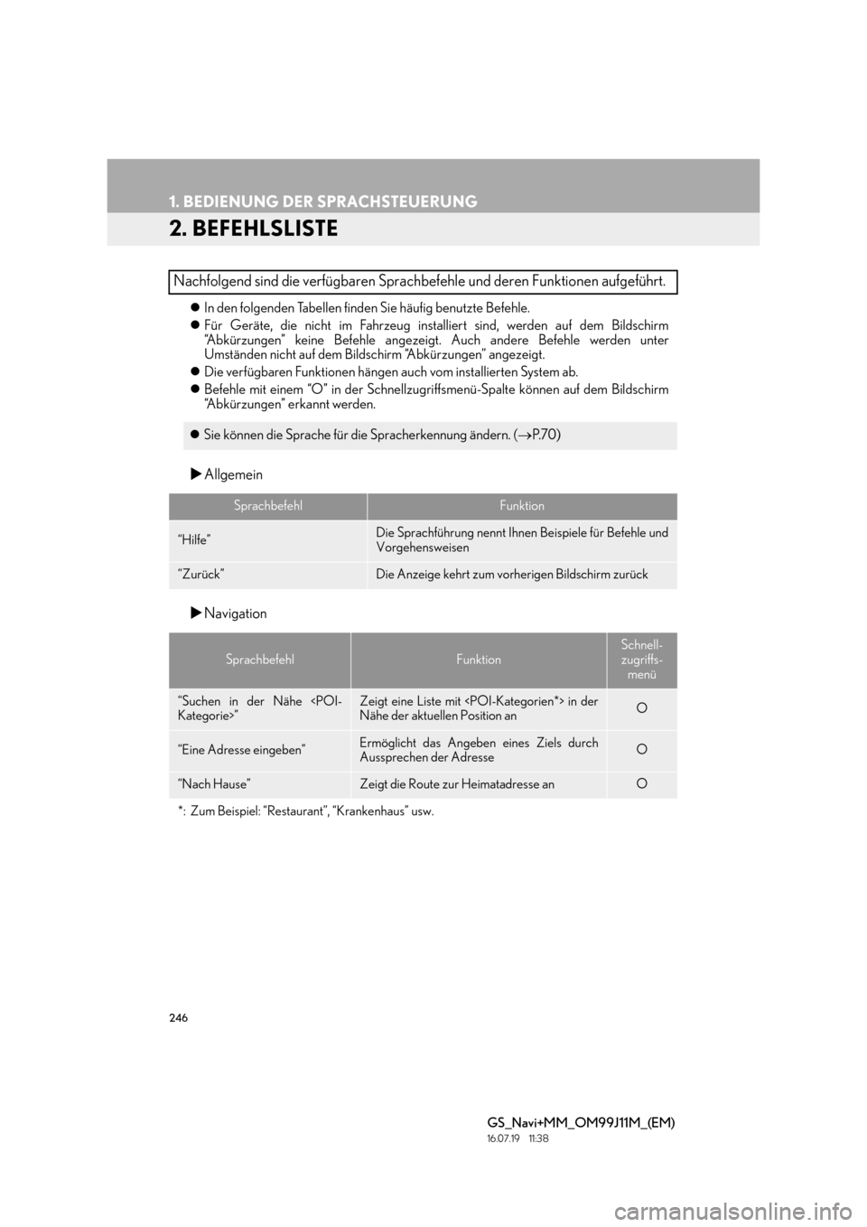Lexus GS450h 2017  Navigationshandbuch (in German) 246
1. BEDIENUNG DER SPRACHSTEUERUNG
GS_Navi+MM_OM99J11M_(EM)
16.07.19     11:38
2. BEFEHLSLISTE
�zIn den folgenden Tabellen finden Sie häufig benutzte Befehle.
�z Für Geräte, die nicht im Fahrzeug