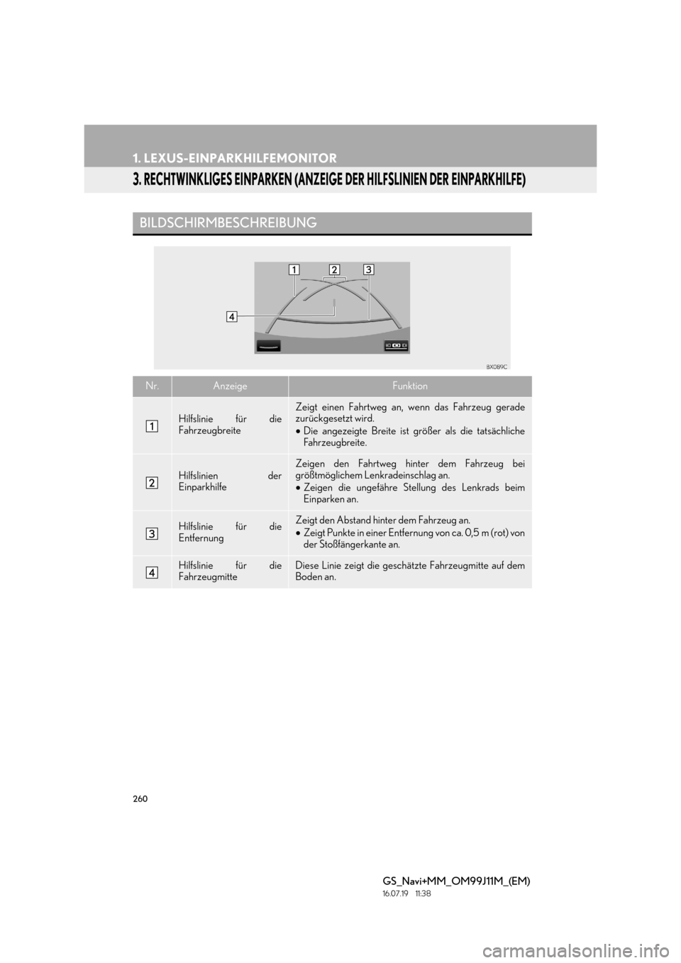 Lexus GS450h 2017  Navigationshandbuch (in German) 260
1. LEXUS-EINPARKHILFEMONITOR
GS_Navi+MM_OM99J11M_(EM)
16.07.19     11:38
3. RECHTWINKLIGES EINPARKEN (ANZEIGE DER HILFSLINIEN DER EINPARKHILFE)
BILDSCHIRMBESCHREIBUNG
Nr.AnzeigeFunktion
Hilfslinie