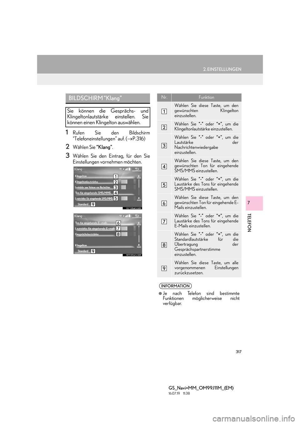 Lexus GS450h 2017 Navigationshandbuch (in German) 317
2. EINSTELLUNGEN
TELEFON
GS_Navi+MM_OM99J11M_(EM)
16.07.19 11:38
7
1Rufen Sie den Bildschirm
“Telefoneinstellungen” auf. (→P.316)
2Wählen Sie “Klang”.
3Wählen Sie den Eintrag, fü Lexus GS450h 2017 Navigationshandbuch (in German) 317
2. EINSTELLUNGEN
TELEFON
GS_Navi+MM_OM99J11M_(EM)
16.07.19 11:38
7
1Rufen Sie den Bildschirm
“Telefoneinstellungen” auf. (→P.316)
2Wählen Sie “Klang”.
3Wählen Sie den Eintrag, fü