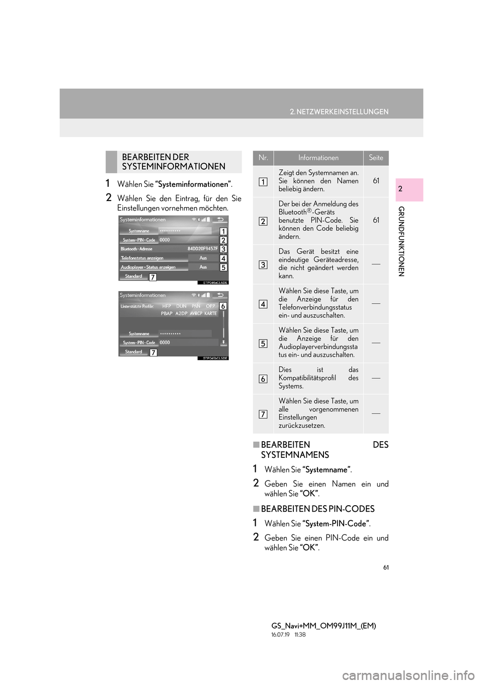 Lexus GS450h 2017  Navigationshandbuch (in German) 61
2. NETZWERKEINSTELLUNGEN
GRUNDFUNKTIONEN
GS_Navi+MM_OM99J11M_(EM)
16.07.19     11:38
21Wählen Sie “Systeminformationen” .
2Wählen Sie den Eintrag, für den Sie
Einstellungen vornehmen möchte