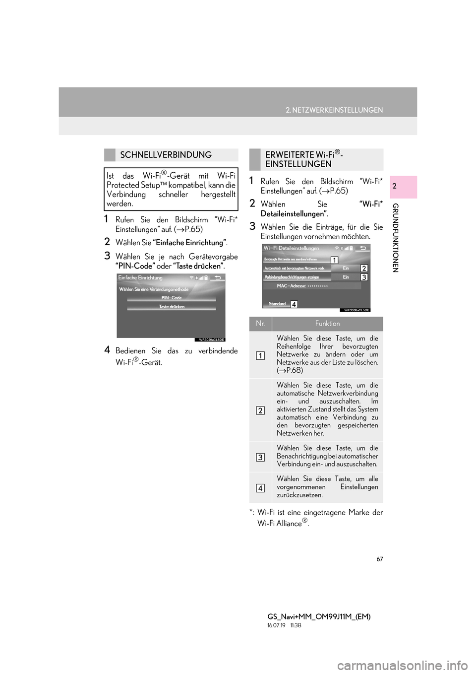 Lexus GS450h 2017  Navigationshandbuch (in German) 67
2. NETZWERKEINSTELLUNGEN
GRUNDFUNKTIONEN
GS_Navi+MM_OM99J11M_(EM)
16.07.19     11:38
2
1Rufen Sie den Bildschirm “Wi-Fi*
Einstellungen” auf. (→P.65)
2Wählen Sie  “Einfache Einrichtung” .
