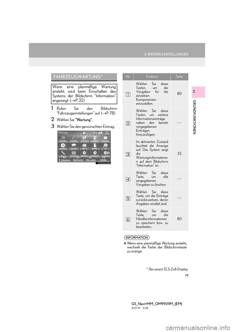 Lexus GS450h 2017  Navigationshandbuch (in German) 79
3. WEITERE EINSTELLUNGEN
GRUNDFUNKTIONEN
GS_Navi+MM_OM99J11M_(EM)
16.07.19     11:38
2
1Rufen Sie den Bildschirm
“Fahrzeugeinstellungen” auf. (→P.78)
2Wählen Sie  “Wartung”.
3Wählen Sie