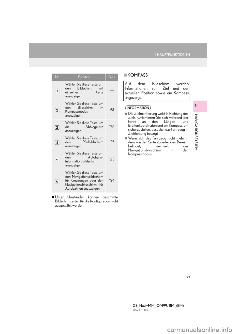 Lexus GS450h 2017  Navigationshandbuch (in German) 93
1. HAUPTFUNKTIONEN
GS_Navi+MM_OM99J11M_(EM)
16.07.19     11:38
NAVIGATIONSSYSTEM
3
�zUnter Umständen können bestimmte
Bildschirmtasten für die Konfiguration nicht
ausgewählt werden.
■ KOMPASS