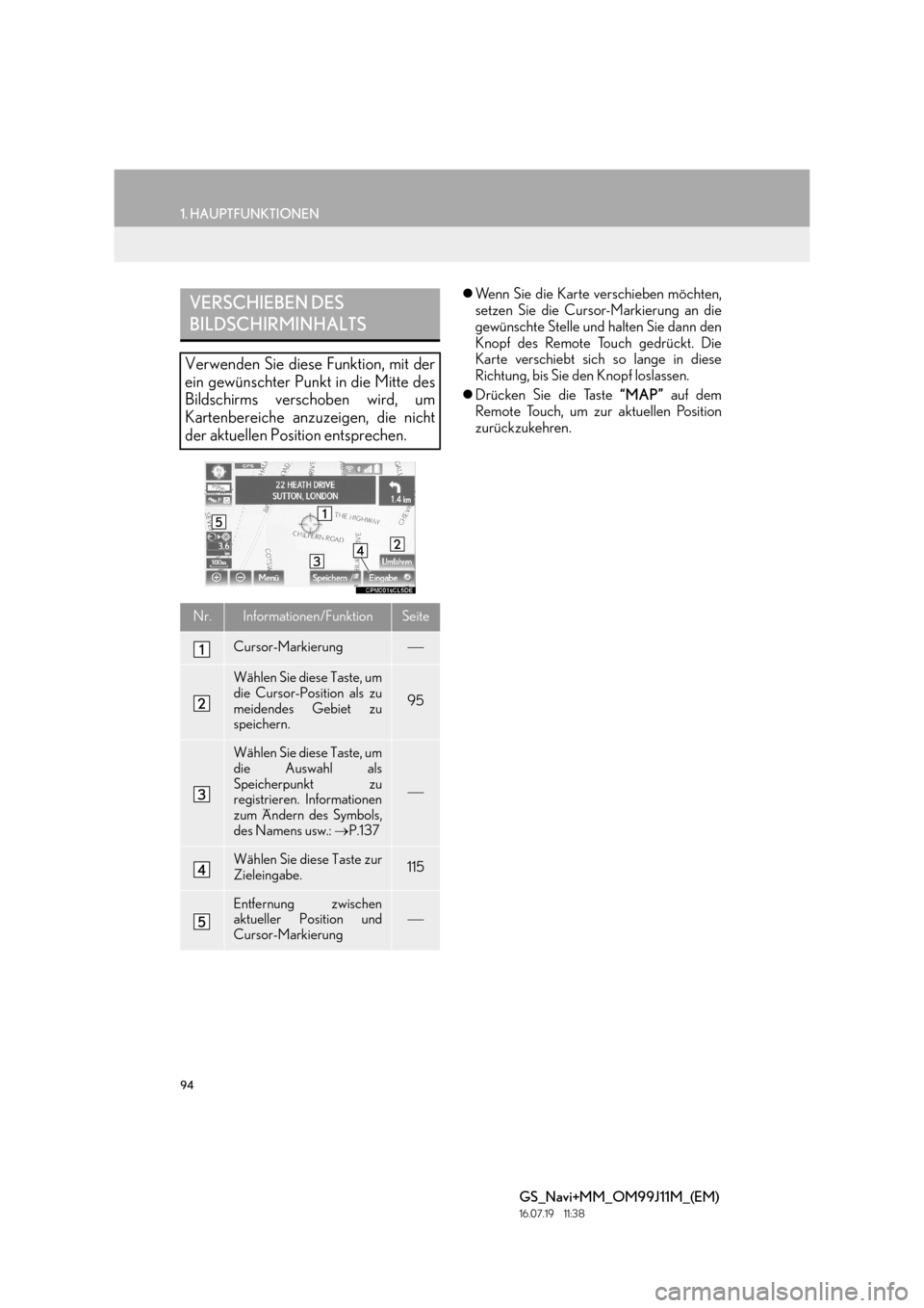 Lexus GS450h 2017  Navigationshandbuch (in German) 94
1. HAUPTFUNKTIONEN
GS_Navi+MM_OM99J11M_(EM)
16.07.19     11:38
�zWenn Sie die Karte verschieben möchten,
setzen Sie die Cursor-Markierung an die
gewünschte Stelle und halten Sie dann den
Knopf de