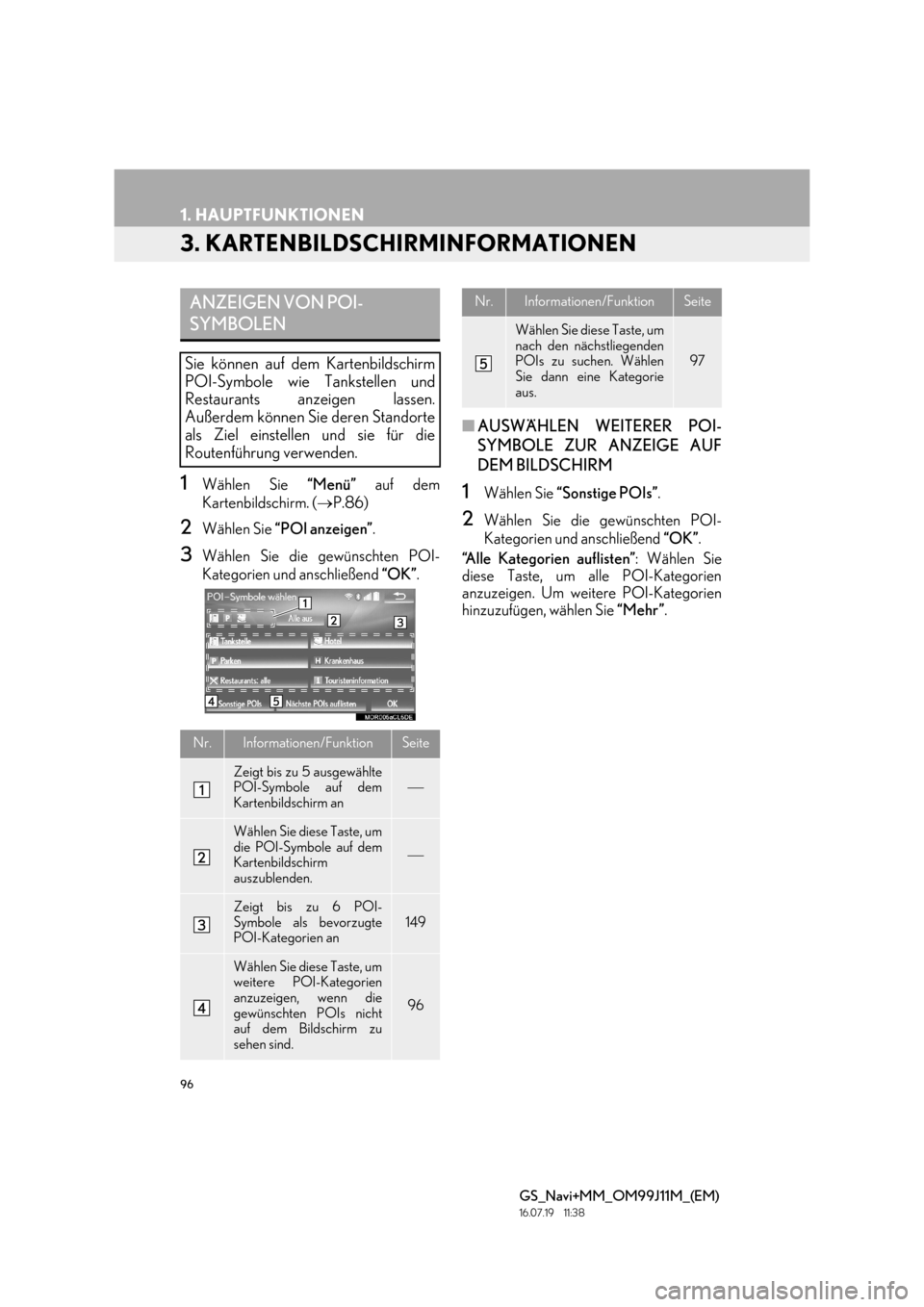 Lexus GS450h 2017  Navigationshandbuch (in German) 96
1. HAUPTFUNKTIONEN
GS_Navi+MM_OM99J11M_(EM)
16.07.19     11:38
3. KARTENBILDSCHIRMINFORMATIONEN
1Wählen Sie “Menü” auf dem
Kartenbildschirm. ( →P.86)
2Wählen Sie  “POI anzeigen” .
3Wä