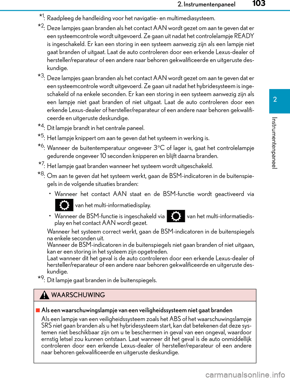 Lexus GS450h 2017 Handleiding (in Dutch) 1032. Instrumentenpaneel
2
Instrumentenpaneel
GS450h_300h_OM_OM30F92E_(EE)
*1: Raadpleeg de handleiding voor het navigatie- en multimediasysteem.
*2: Deze lampjes gaan branden als het contact AAN word Lexus GS450h 2017 Handleiding (in Dutch) 1032. Instrumentenpaneel
2
Instrumentenpaneel
GS450h_300h_OM_OM30F92E_(EE)
*1: Raadpleeg de handleiding voor het navigatie- en multimediasysteem.
*2: Deze lampjes gaan branden als het contact AAN word