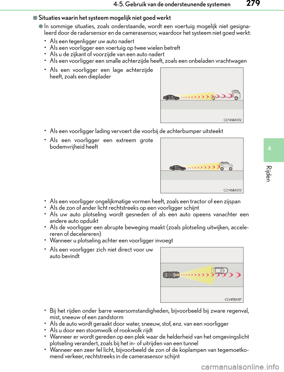 Lexus GS450h 2017  Handleiding (in Dutch) 2794-5. Gebruik van de ondersteunende systemen
4
Rijden
GS450h_300h_OM_OM30F92E_(EE)
■Situaties waarin het systeem mogelijk niet goed werkt
●In sommige situaties, zoals onderstaande, wordt een voe