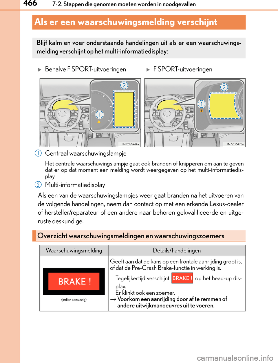 Lexus GS450h 2017  Handleiding (in Dutch) 4667-2. Stappen die genomen moeten worden in noodgevallen
GS450h_300h_OM_OM30F92E_(EE)
Als er een waarschuwingsmelding verschijnt
Centraal waarschuwingslampje
Het centrale waarschuwingslampje gaat ook