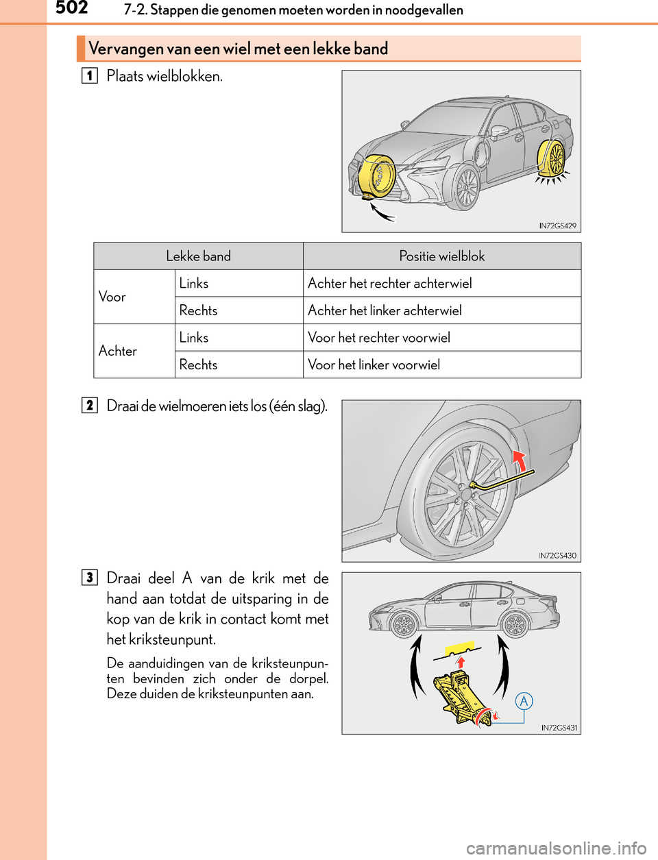 Lexus GS450h 2017  Handleiding (in Dutch) 5027-2. Stappen die genomen moeten worden in noodgevallen
GS450h_300h_OM_OM30F92E_(EE)
Plaats wielblokken.
Draai de wielmoeren iets los (één slag).
Draai deel A van de krik met de
hand aan totdat de Lexus GS450h 2017  Handleiding (in Dutch) 5027-2. Stappen die genomen moeten worden in noodgevallen
GS450h_300h_OM_OM30F92E_(EE)
Plaats wielblokken.
Draai de wielmoeren iets los (één slag).
Draai deel A van de krik met de
hand aan totdat de