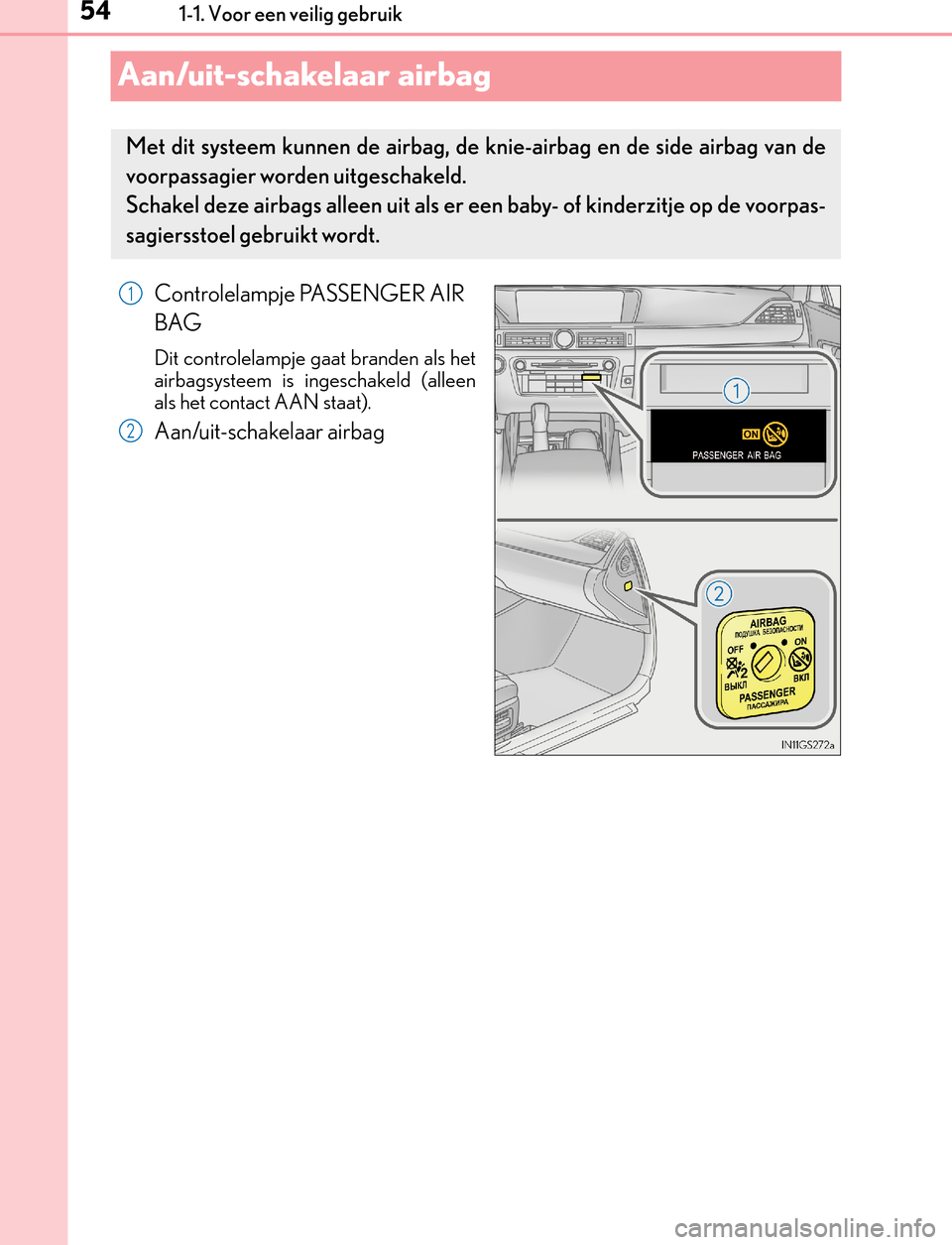 Lexus GS450h 2017 Handleiding (in Dutch) 541-1. Voor een veilig gebruik
GS450h_300h_OM_OM30F92E_(EE)
Aan/uit-schakelaar airbag
Controlelampje PASSENGER AIR
BAG
Dit controlelampje gaat branden als het
airbagsysteem is ingeschakeld (alleen
al Lexus GS450h 2017 Handleiding (in Dutch) 541-1. Voor een veilig gebruik
GS450h_300h_OM_OM30F92E_(EE)
Aan/uit-schakelaar airbag
Controlelampje PASSENGER AIR
BAG
Dit controlelampje gaat branden als het
airbagsysteem is ingeschakeld (alleen
al