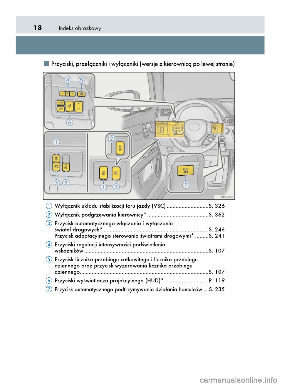 Lexus GS450h 2017 Instrukcja Obsługi (in Polish) Indeks obrazkowy18
Przyciski, prze∏àczniki i wy∏àczniki (wersje z kierownicà po lewej stronie)
Wy∏àcznik uk∏adu stabilizacji toru jazdy (VSC) ............................S. 326
Wy∏àczni Lexus GS450h 2017 Instrukcja Obsługi (in Polish) Indeks obrazkowy18
Przyciski, prze∏àczniki i wy∏àczniki (wersje z kierownicà po lewej stronie)
Wy∏àcznik uk∏adu stabilizacji toru jazdy (VSC) ............................S. 326
Wy∏àczni