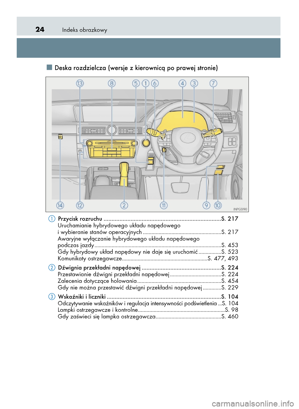 Lexus GS450h 2017 Instrukcja Obsługi (in Polish) Indeks obrazkowy24
Deska rozdzielcza (wersje z kierownicà po prawej stronie)
Przycisk rozruchu ..........................................................................S. 217
Uruchamianie hybrydoweg Lexus GS450h 2017 Instrukcja Obsługi (in Polish) Indeks obrazkowy24
Deska rozdzielcza (wersje z kierownicà po prawej stronie)
Przycisk rozruchu ..........................................................................S. 217
Uruchamianie hybrydoweg