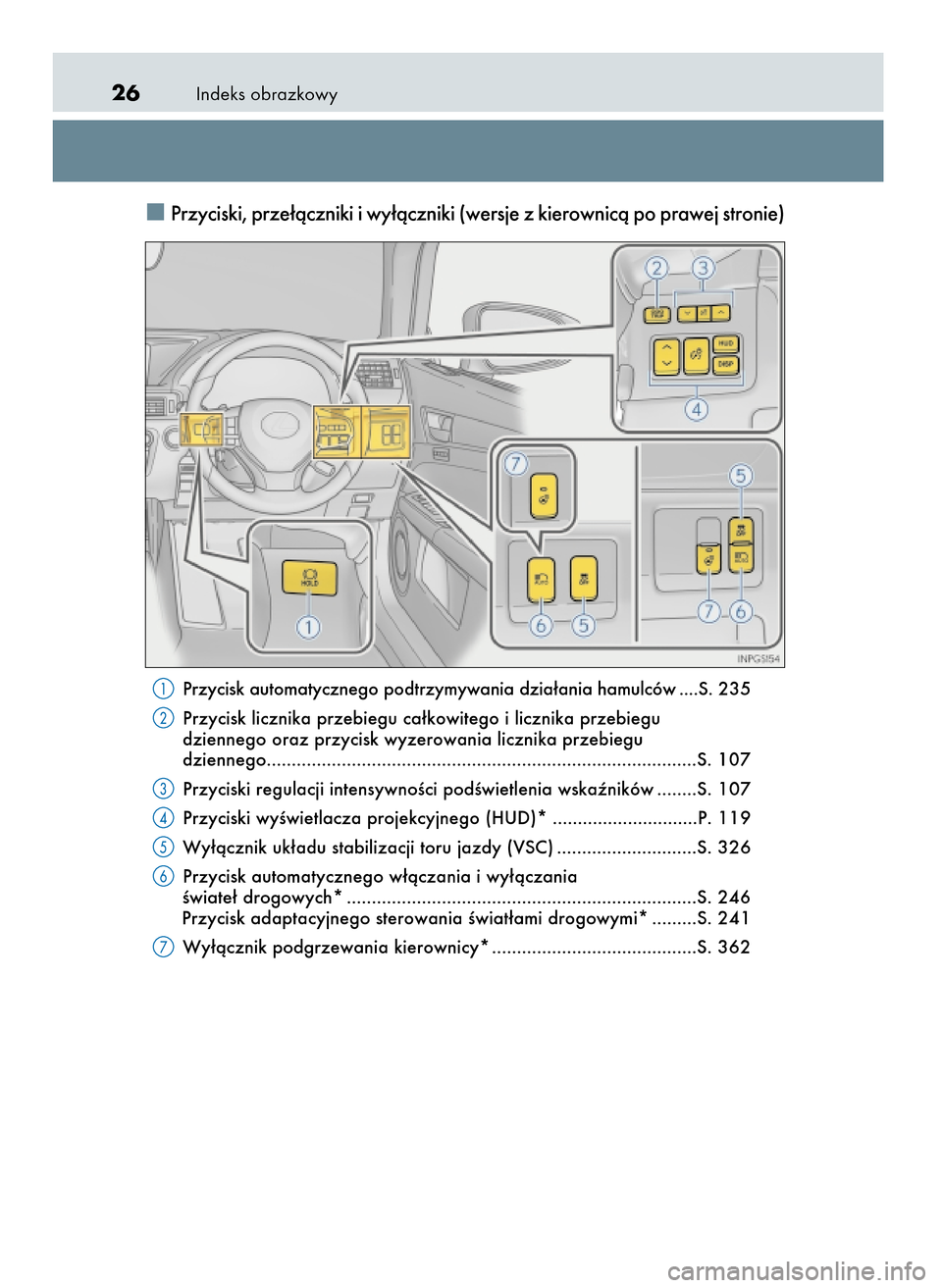 Lexus GS450h 2017 Instrukcja Obsługi (in Polish) Indeks obrazkowy26
Przyciski, prze∏àczniki i wy∏àczniki (wersje z kierownicà po prawej stronie)
Przycisk automatycznego podtrzymywania dzia∏ania hamulców ....S. 235
Przycisk licznika przebie Lexus GS450h 2017 Instrukcja Obsługi (in Polish) Indeks obrazkowy26
Przyciski, prze∏àczniki i wy∏àczniki (wersje z kierownicà po prawej stronie)
Przycisk automatycznego podtrzymywania dzia∏ania hamulców ....S. 235
Przycisk licznika przebie