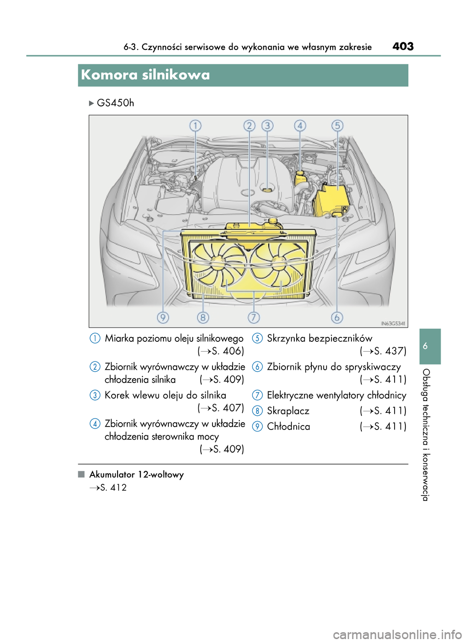 Lexus GS450h 2017  Instrukcja Obsługi (in Polish) ó GS450h
Akumulator 12-woltowy
S. 412
6-3. CzynnoÊci serwisowe do wykonania we w∏asnym zakresie403
6
Obs∏uga techniczna i konserwacja
Komora silnikowa
Miarka poziomu oleju silnikowego
(
S. 406