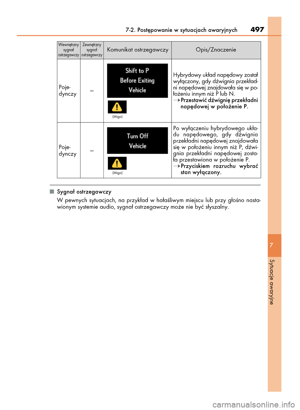 Lexus GS450h 2017  Instrukcja Obsługi (in Polish) Sygna∏ ostrzegawczy
W pewnych  sytuacjach,  na  przyk∏ad  w ha∏aÊliwym  miejscu  lub  przy  g∏oÊno  nasta-
wionym systemie audio, sygna∏ ostrzegawczy mo˝e nie byç s∏yszalny.
7-2. Post