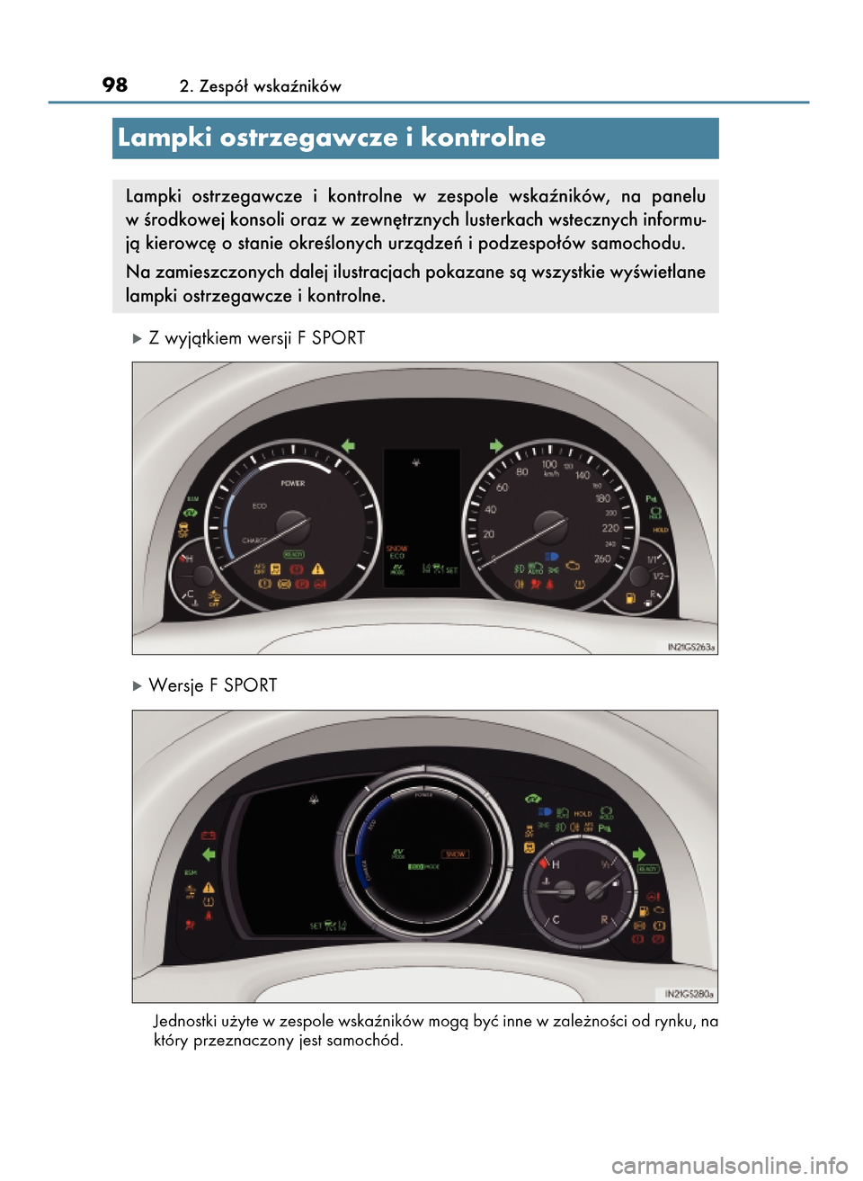 Lexus GS450h 2017 Instrukcja Obsługi (in Polish) óZ wyjàtkiem wersji F SPORT
óWersje F SPORT
Jednostki u˝yte w zespole wskaêników mogà byç inne w zale˝noÊci od rynku, na
który przeznaczony jest samochód.
982. Zespó∏ wskaêników
Lampk Lexus GS450h 2017 Instrukcja Obsługi (in Polish) óZ wyjàtkiem wersji F SPORT
óWersje F SPORT
Jednostki u˝yte w zespole wskaêników mogà byç inne w zale˝noÊci od rynku, na
który przeznaczony jest samochód.
982. Zespó∏ wskaêników
Lampk