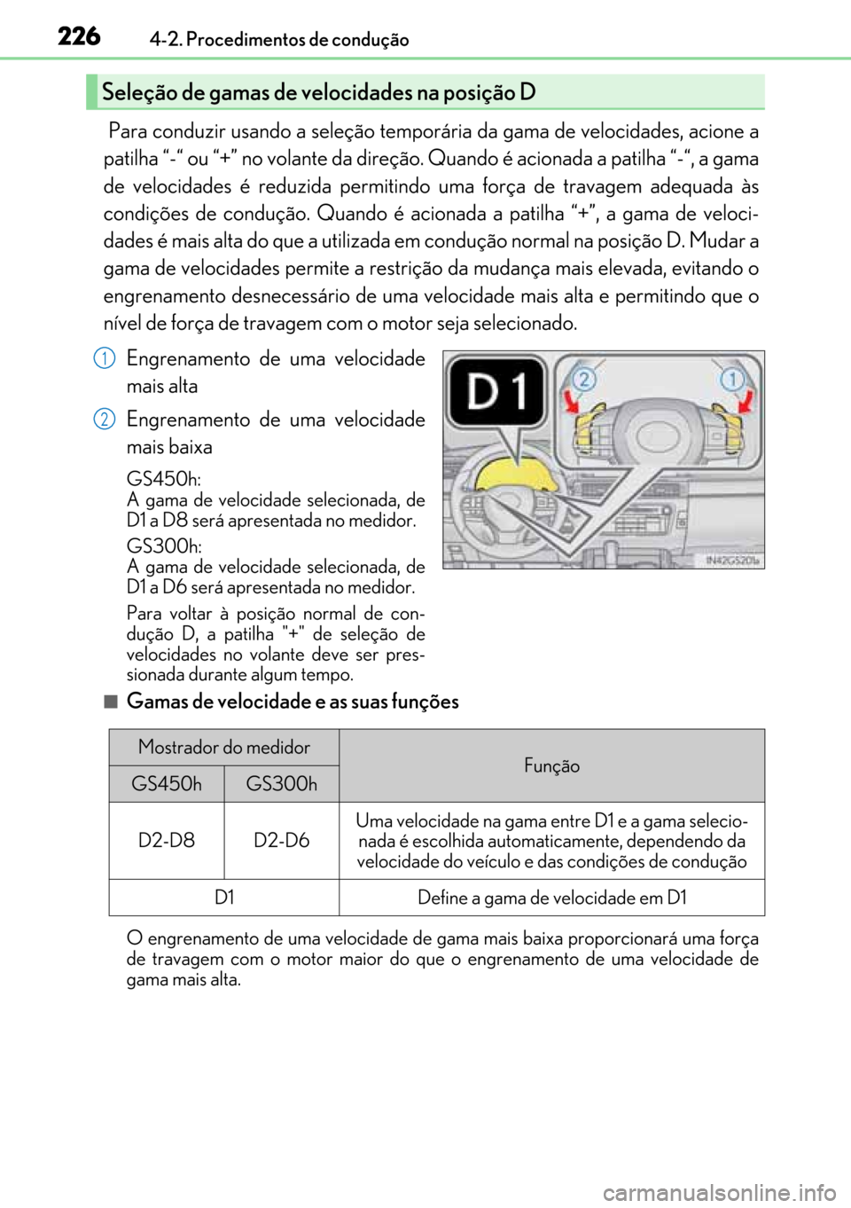 Lexus GS450h 2017  Manual do proprietário (in Portuguese) 226
226226 2264-2. Procedimentos de condução
 Para conduzir usando a seleção temporária da gama de velocidades, acione a
patilha “-“ ou “+” no volante da direção. Quando é acionada a p