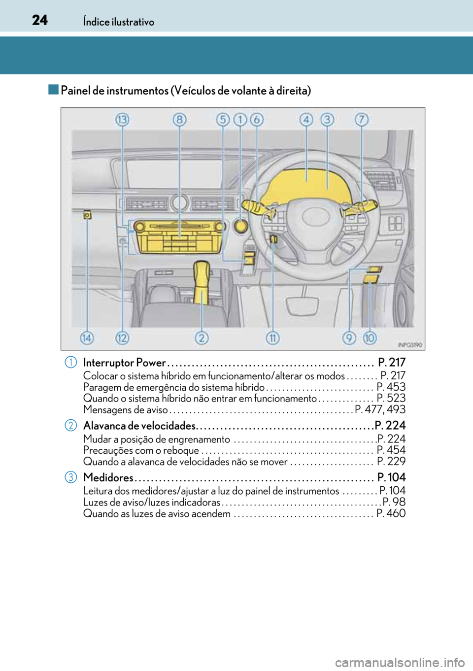 Lexus GS450h 2017 Manual do proprietário (in Portuguese) 24
2424 24Índice ilustrativo
■Painel de instrumentos (Veículos de volante à direita)
Interruptor Power . . . . . . . . . . . . . . . . . . . . . . . . . . . . . . . . . . . . . . . . . . . . . . Lexus GS450h 2017 Manual do proprietário (in Portuguese) 24
2424 24Índice ilustrativo
■Painel de instrumentos (Veículos de volante à direita)
Interruptor Power . . . . . . . . . . . . . . . . . . . . . . . . . . . . . . . . . . . . . . . . . . . . . .