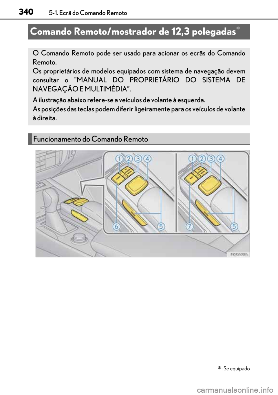 Lexus GS450h 2017 Manual do proprietário (in Portuguese) 340
340340 3405-1. Ecrã do Comando Remoto
Comando Remoto/mostrador de 12,3 polegadas∗
∗
: Se equipado
O Comando Remoto pode ser usado para acionar os ecrãs do Comando
Remoto.
Os proprietários d Lexus GS450h 2017 Manual do proprietário (in Portuguese) 340
340340 3405-1. Ecrã do Comando Remoto
Comando Remoto/mostrador de 12,3 polegadas∗
∗
: Se equipado
O Comando Remoto pode ser usado para acionar os ecrãs do Comando
Remoto.
Os proprietários d